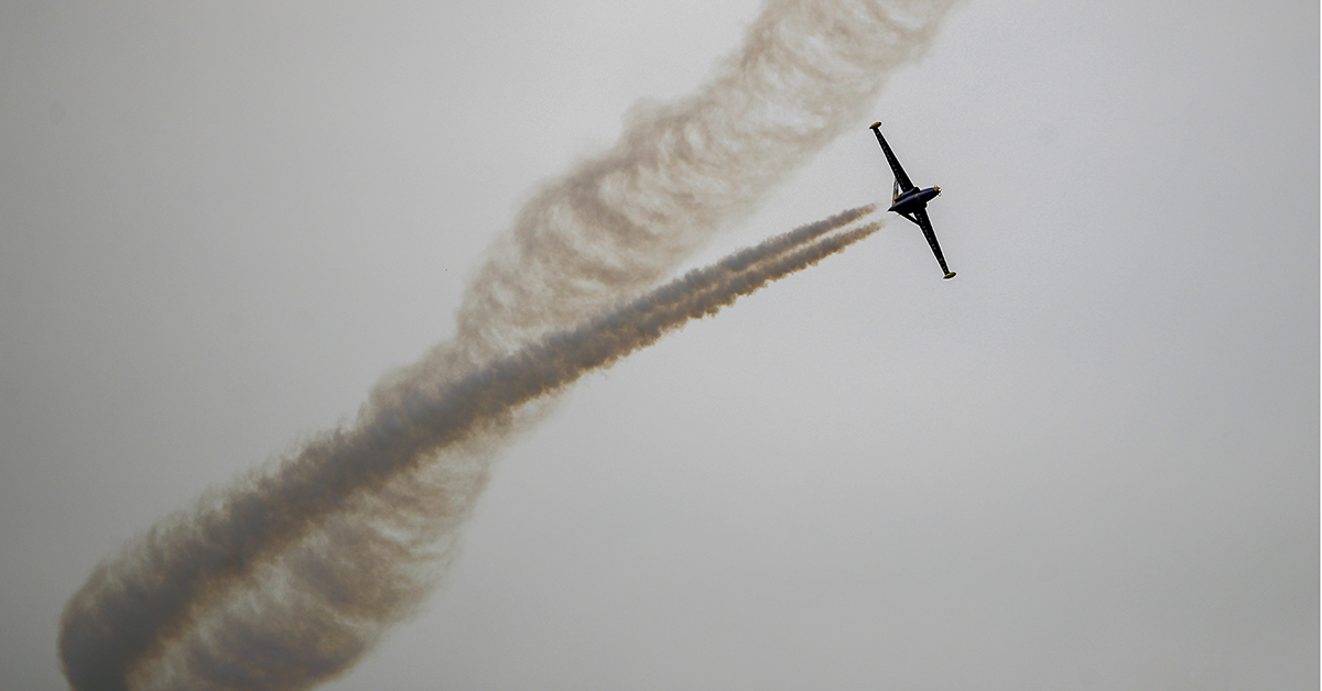 The Fouga Magister, a 1950s French two-seat jet trainer, performs a demonstration flight at the Paris Air Show on June 18, 2019. (Francois Mori/AP)