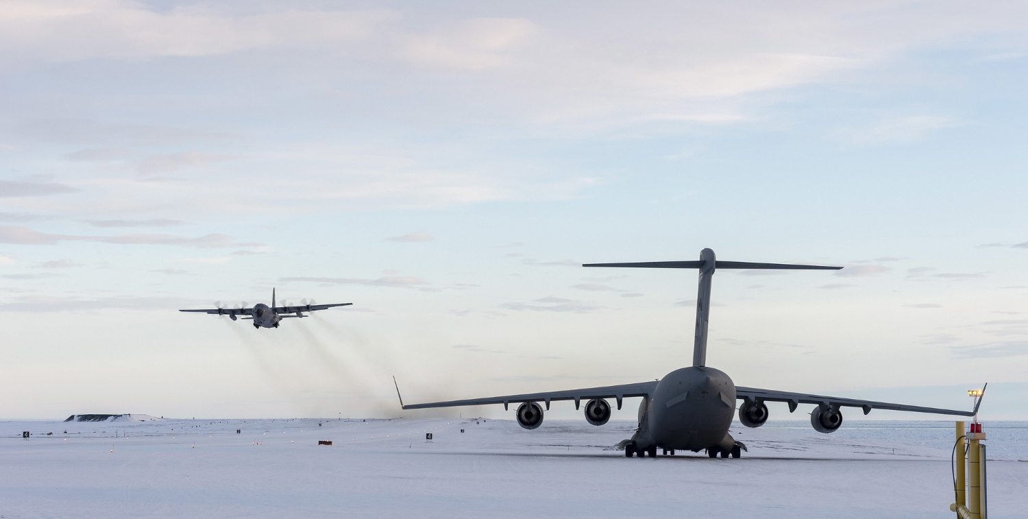 A C-130 flown by airmen from the New York Air National Guard's 109th Airlift Wing takes off from Canadian Forces Station Alert on Ellsmere Island, Nunavut, Canada, after dropping off supplies on Sept. 30, 2019. (Leading Seaman Paul Green/Canadian Forces)