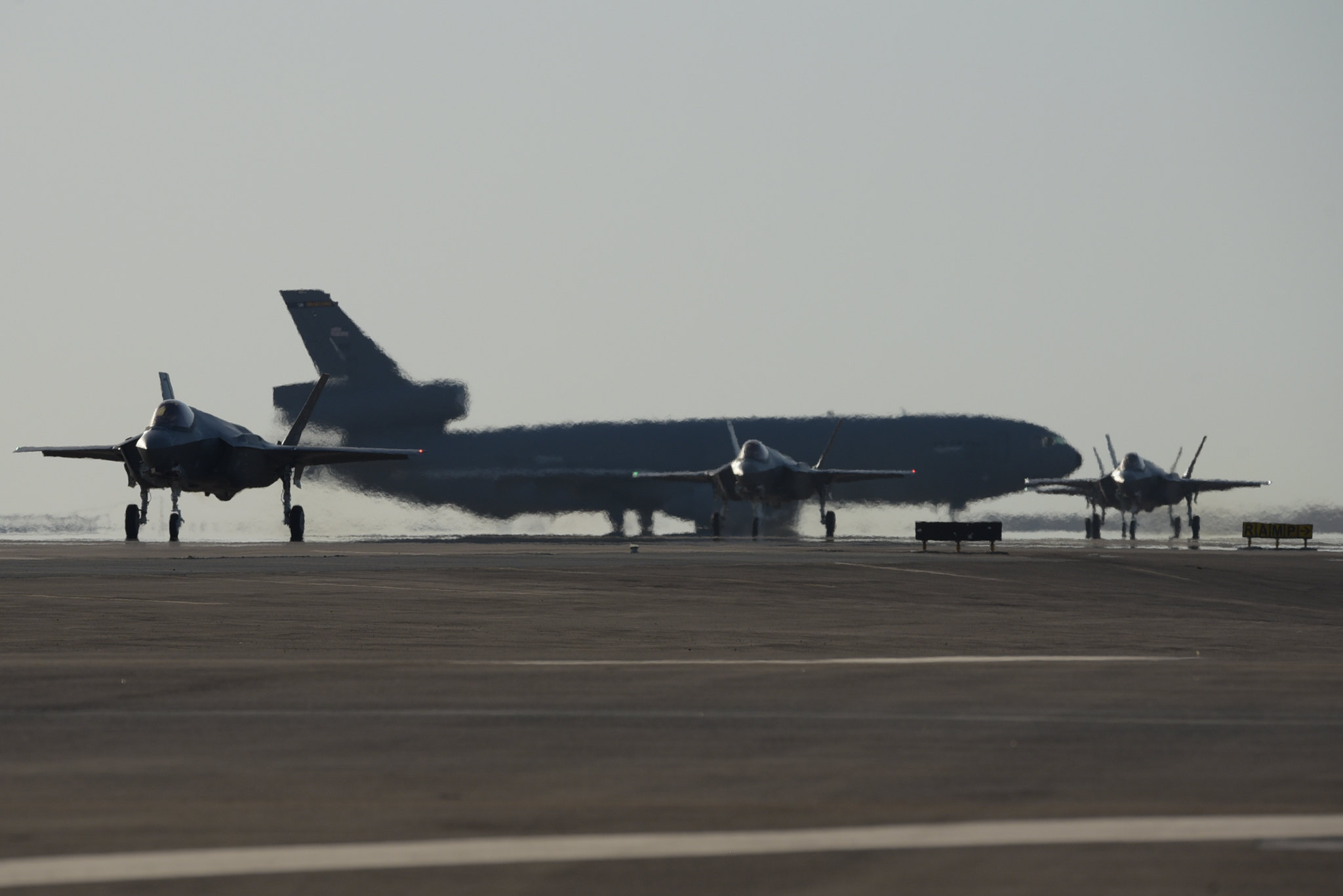 Four F-35A Lightning IIs assigned to the 4th Expeditionary Fighter Squadron taxi after landing at Al Dhafra Air Base, United Arab Emirates, April 15, 2019. The F-35A Lightning II is deployed to the U.S. Air Forces Central Command area of responsibility for the first time in U.S. Air Force history. (Staff Sgt. Chris Thornbury/Air Fprce)