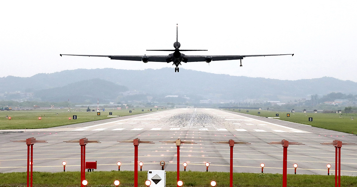 A U.S. Air Force U-2 spy plane prepares to land as South Korea and the United States conduct the Max Thunder joint military exercise at the Osan U.S. Air Base in Pyeongtaek, South Korea, Wednesday, May 16, 2018. North Korea on Wednesday canceled a high-level meeting with South Korea and threatened to scrap a historic summit next month between President Donald Trump and North Korean leader Kim Jong Un over military exercises between Seoul and Washington that Pyongyang has long claimed are invasion rehearsals. (Kwon Joon-woo/Yonhap via AP)