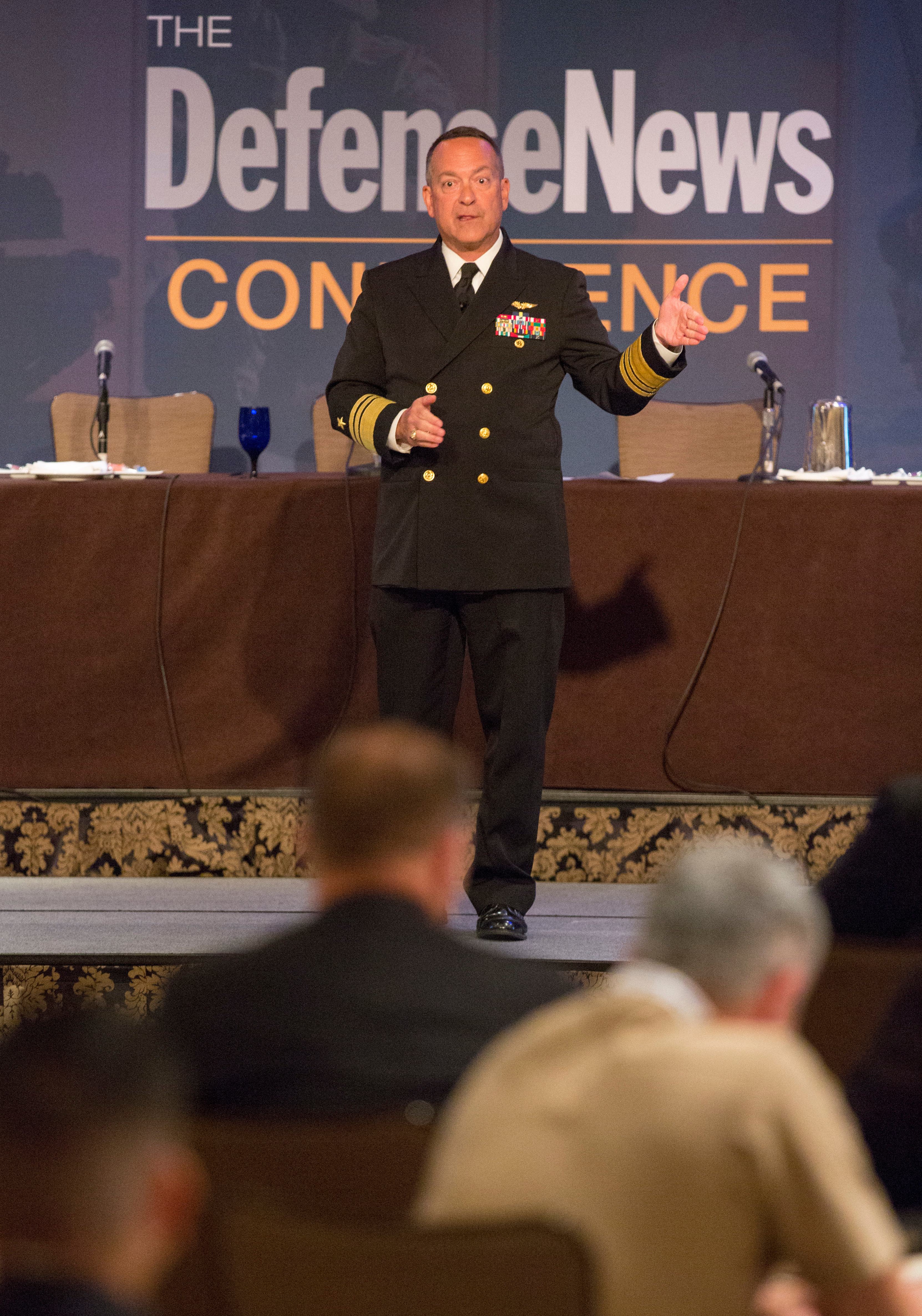 Vice Adm. Mathias W. Winter, F-35 program executive officer, speaks during the Defense News Conference in Pentagon City, Va., on Sept. 6, 2017. (Alan Lessig/Staff)