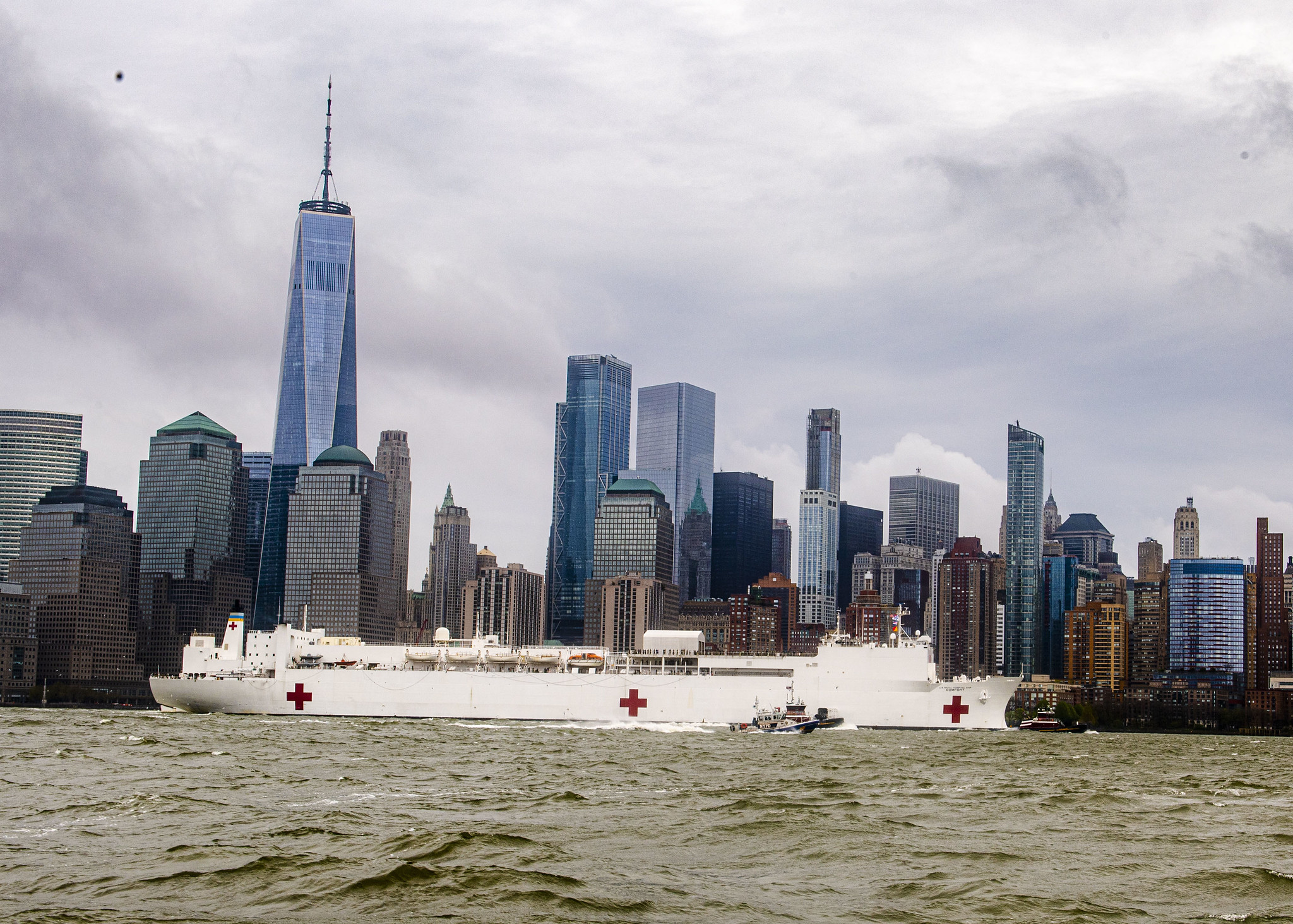 The hospital ship USNS Comfort (T-AH 20) departs New York Harbor on April 30, 2020, after treating patients in New York and New Jersey. (MC3 Brendan Fitzgerald/Navy)