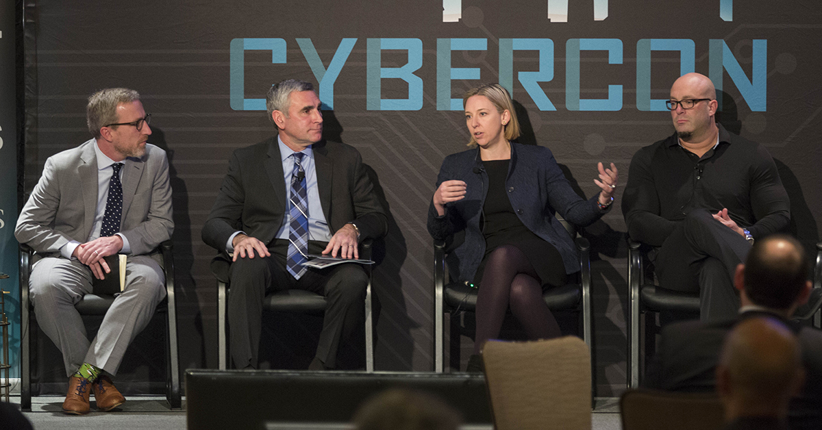 Mike Gruss, left, editor of C4ISRNET moderates a panel discussion on the New Critical Infrastructure with Maj. Gen. John Davis, USA (ret.), Vice President and Federal Chief Security Officer, Palo Alto Networks and former Deputy Assistant Secretary of Defense for Cyber Policy (Acting), Jeanette Manfra Assistant Secretary, Office of Cybersecurity and Communications, and James Scott, Senior Fellow, ICIT, during Cybercon 2017 at the Ritz-Carlton Hotel in Pentagon City on Nov. 28, 2017. ( Alan Lessig/Staff)
