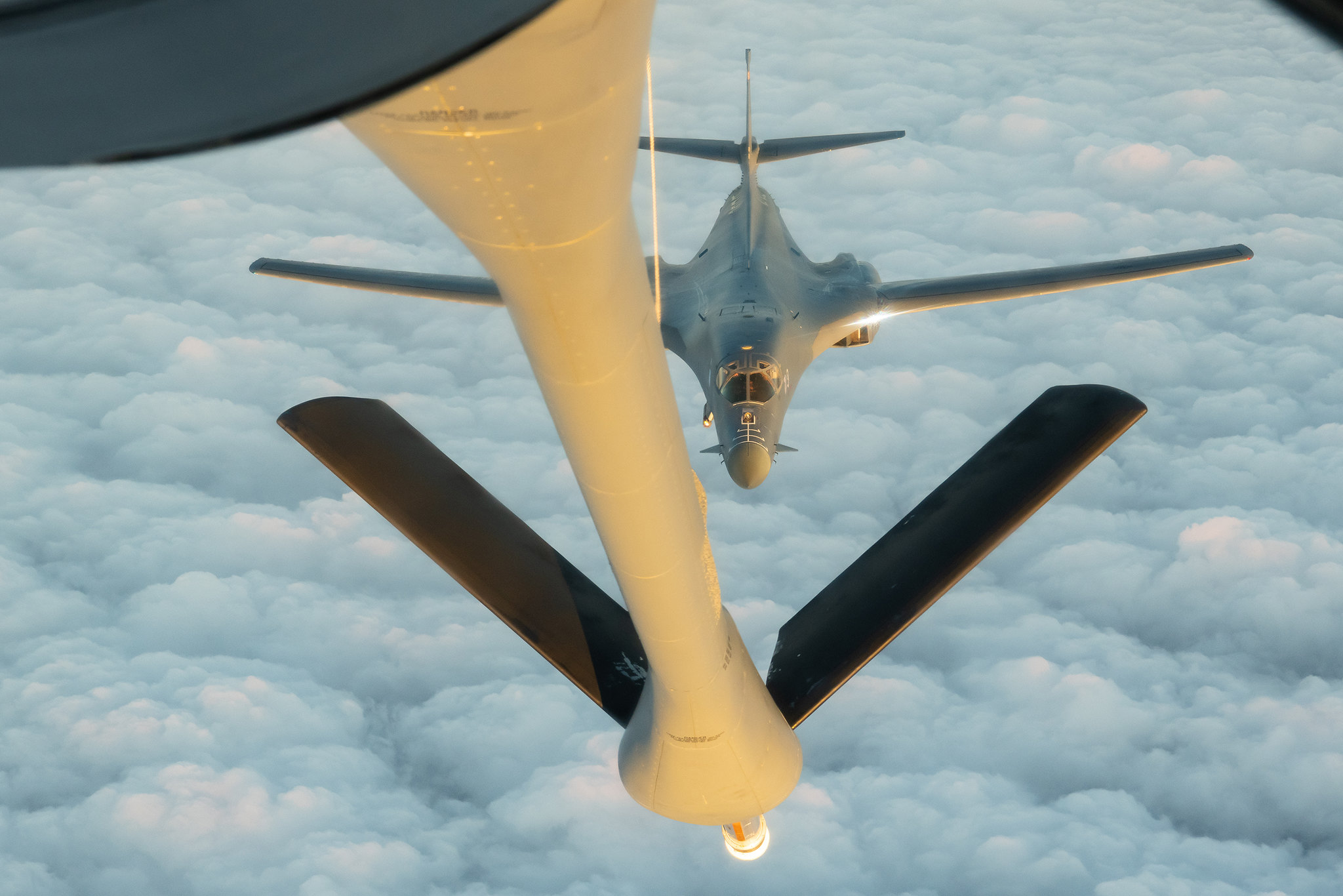 A U.S. Air Force B-1B Lancer approaches a KC-135 Stratotanker to refuel during a 32-hour round-trip sortie on April 30, 2020, to conduct operations over the Pacific. (Senior Airman Cynthia Belío/Air Force)