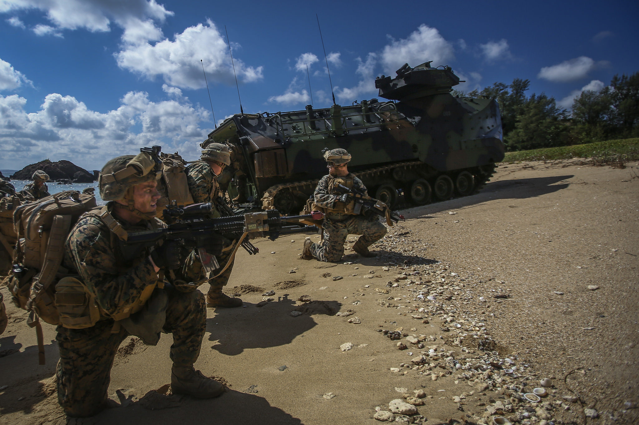 U.S. Marines assigned to Alpha Company, 1st Battalion, 3rd Marine Regiment conduct and amphibious landing during Blue Chromite 18, aboard Kin Blue Beach, Okinawa, Japan, Nov 2, 2017. (Sgt. Aaron S. Patterson/Marine Corps)