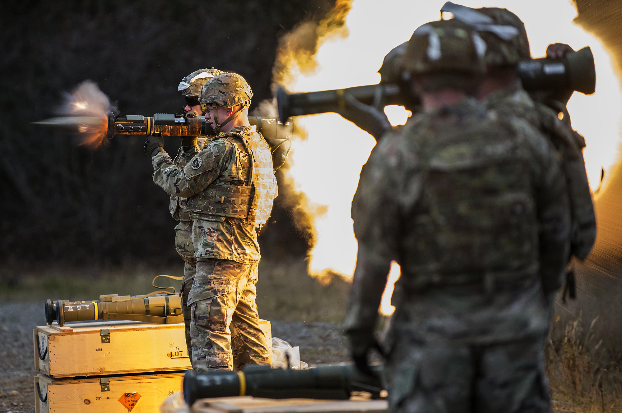 Army 1st Lt. Gerard Holodak, assigned to the 109th Transportation Company, 17th Combat Sustainment Support Battalion, U.S. Army Alaska, fires the M136E1 AT4-CS confined space light anti-armor weapon at Joint Base Elmendorf-Richardson. (Staff Sgt. Westin Warburton/Army)
