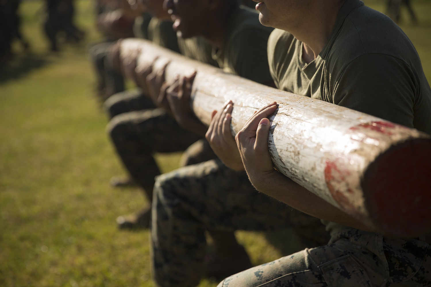 U.S. Marines with the Logistics Combat Element (LCE), Marine Rotational Force – Darwin (MRF-D), conduct log lunges during a field meet at Robertson Barracks, Darwin, Australia, July 22, 2019. (Staff Sgt. Jordan E. Gilbert/Marine Corps)