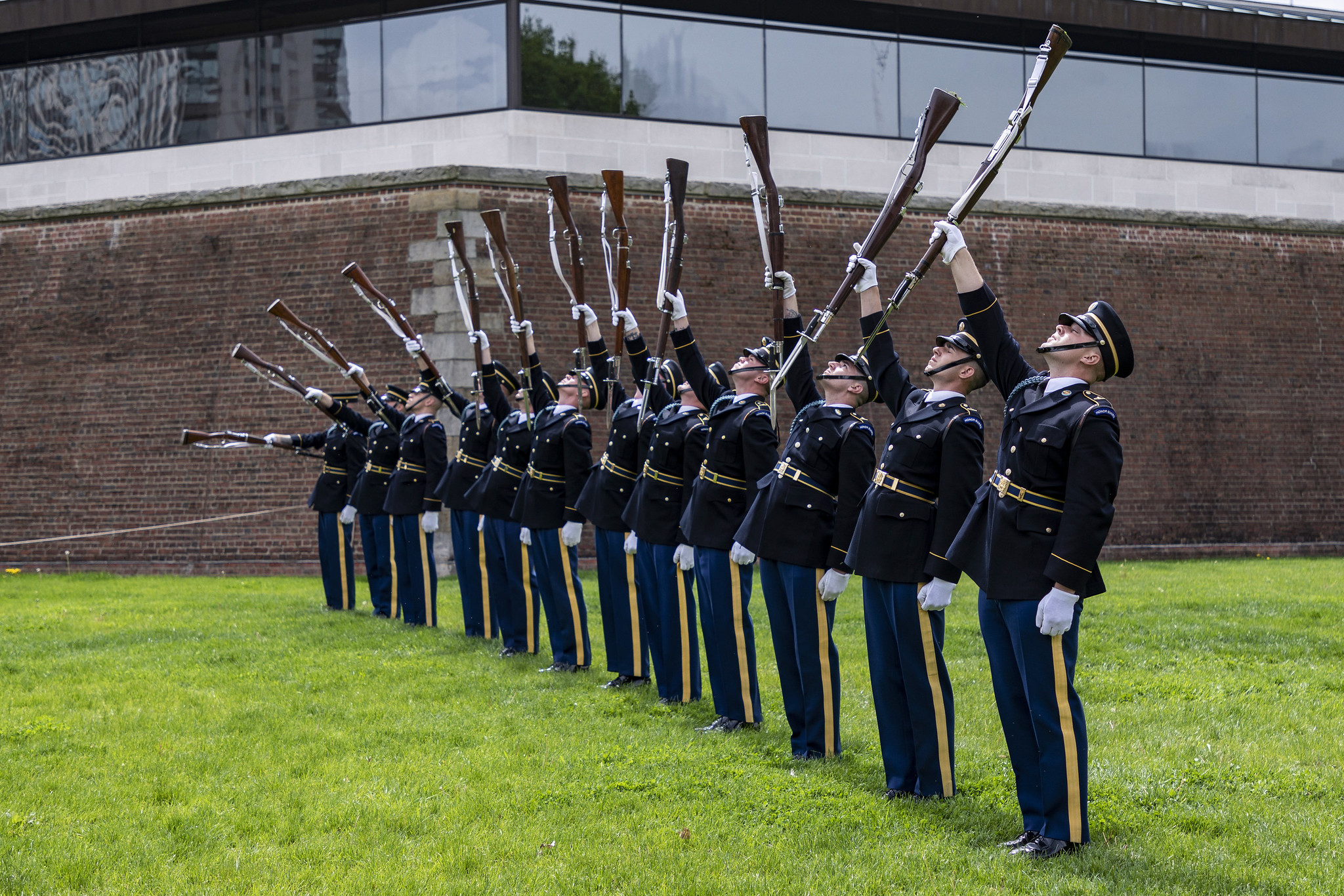 Soldiers with the U.S. Army Drill Team, 3d U.S. Infantry Regiment (The Old Guard), conduct a performance during the Meet Your Army event at Point State Park, Pittsburgh, Pa., May 4, 2019. (Staff Sgt. Dalton Smith/Army)