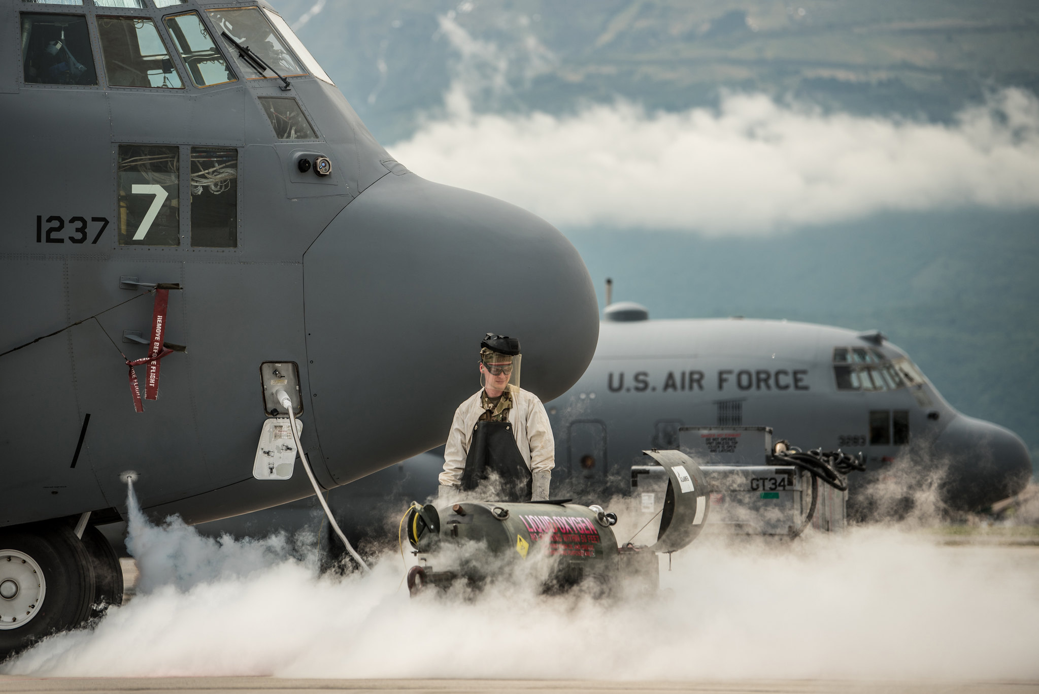 Senior Airman Sawyer Ezzell services the liquid oxygen system of a Kentucky Air National Guard C-130 Hercules aircraft at Aviano Air Base, Italy, on May 15, 2019, as part of Immediate Response 2019. (Staff Sgt. Joshua Horton/Air National Guard)