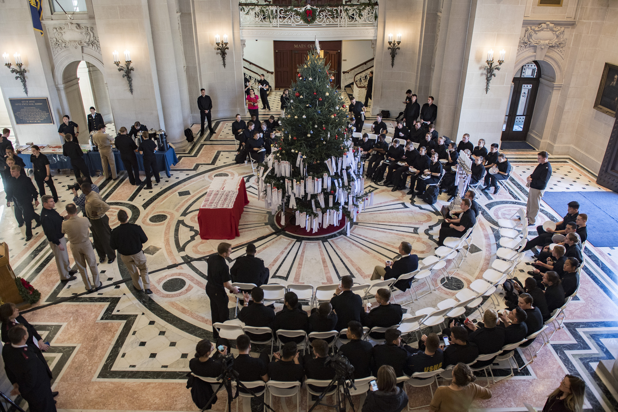 The U.S. Naval Academy holds the 27th annual Giving Tree ceremony Nov. 28, 2017, in Bancroft Hall at Annapolis, Md. (US Naval Academy)
