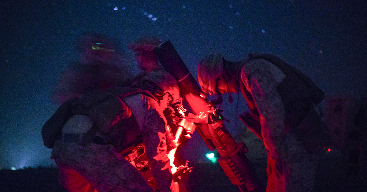 Marines with Task Force Southwest set up an M121 120 mm mortar system during a security patrol near Bost Airfield. The patrol allowed Marines to assist the Afghan National Defense and Security Forces through the use of mortar illumination rounds, enabling the ANDSF to continue to provide security and conduct combat operations in Helmand province. (Sgt. Sean J. Berry/Marine Corps)