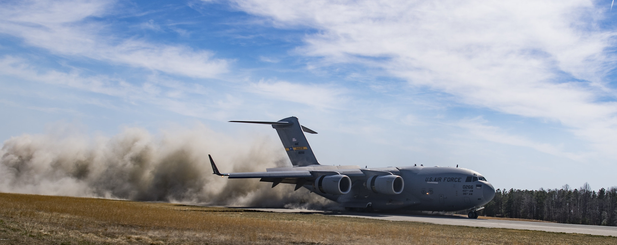 A U.S. Air Force C-17 Globemaster III conducts semi-prepared runway operations training after takeoff from Joint Base Charleston, S.C., March 27, 2019. (Tech. Sgt. Gregory Brook/Air Force))