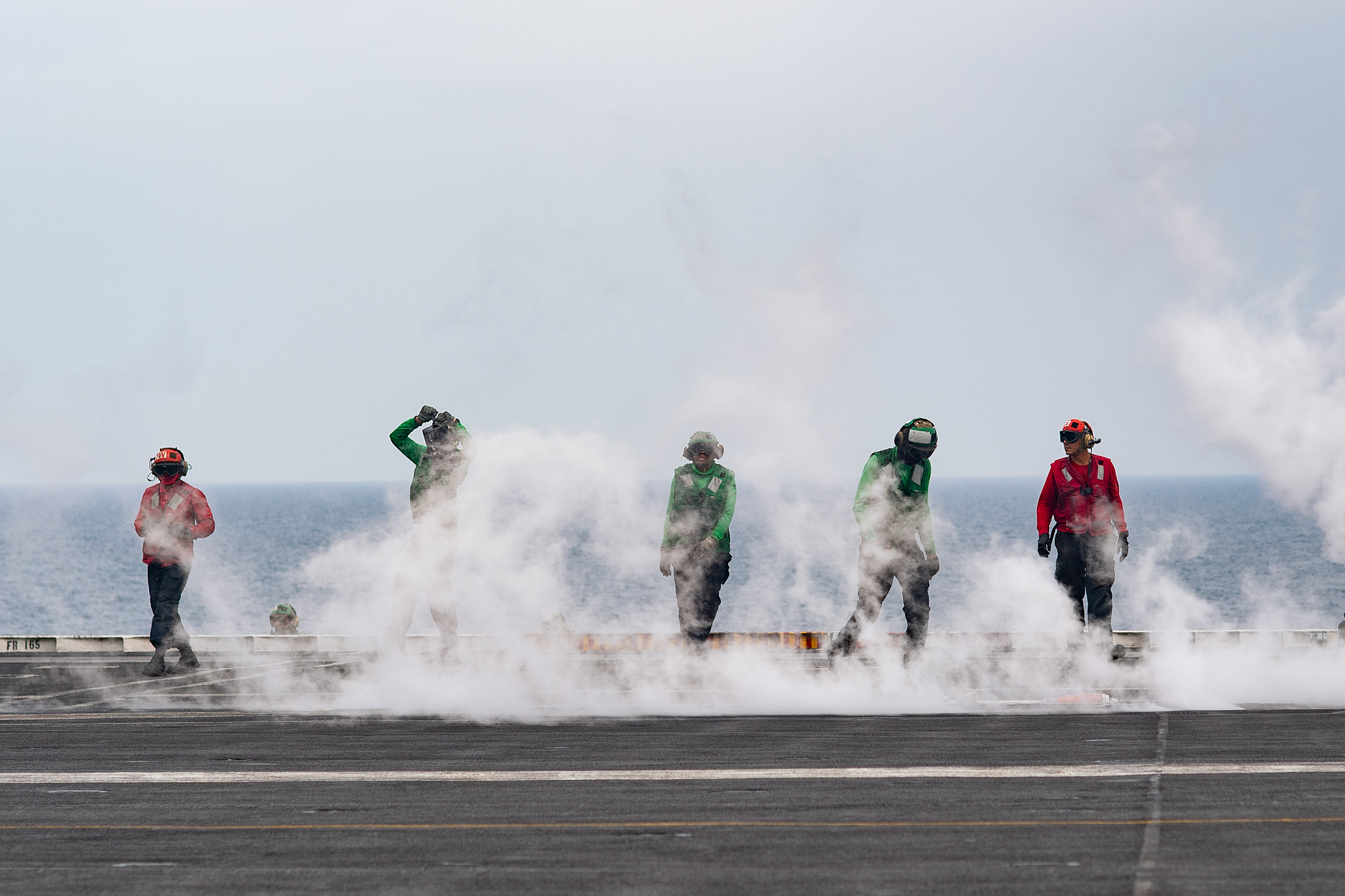 Sailors reset a steam-powered catapult on the flight deck of the aircraft carrier USS John C. Stennis (CVN 74) on March 23, 2019, in the Arabian Gulf. (U.S. Navy photo by Mass Communication Specialist 3rd Class Grant G. Grady/Navy)