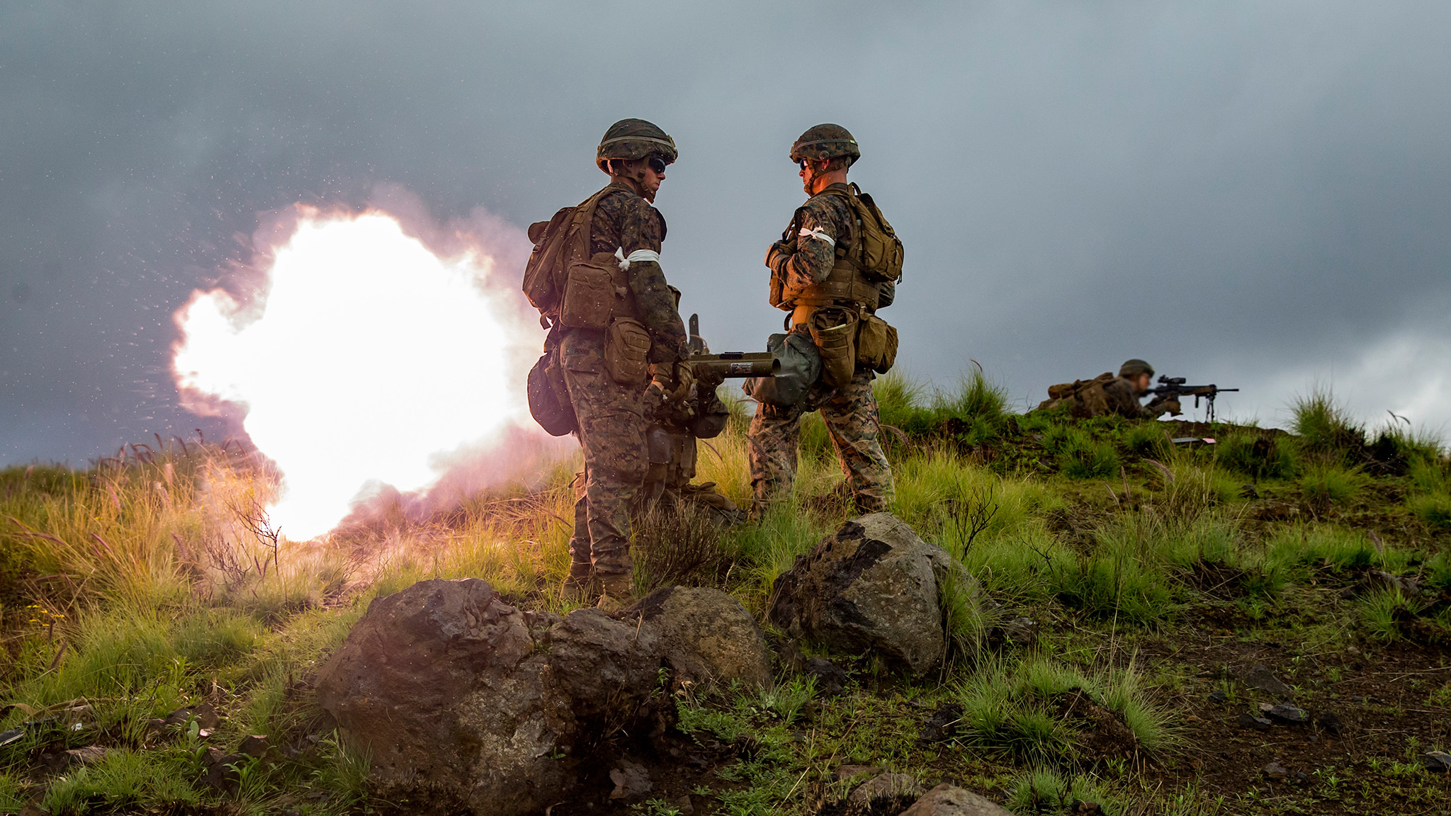 A Marine fires a Light Anti-Armor Weapon (LAW) on Oct. 22, 2018, during Exercise Bougainville II at the Pohakuloa Training Area on the Island of Hawaii. (Sgt. Ricky Gomez/Marine Corps)