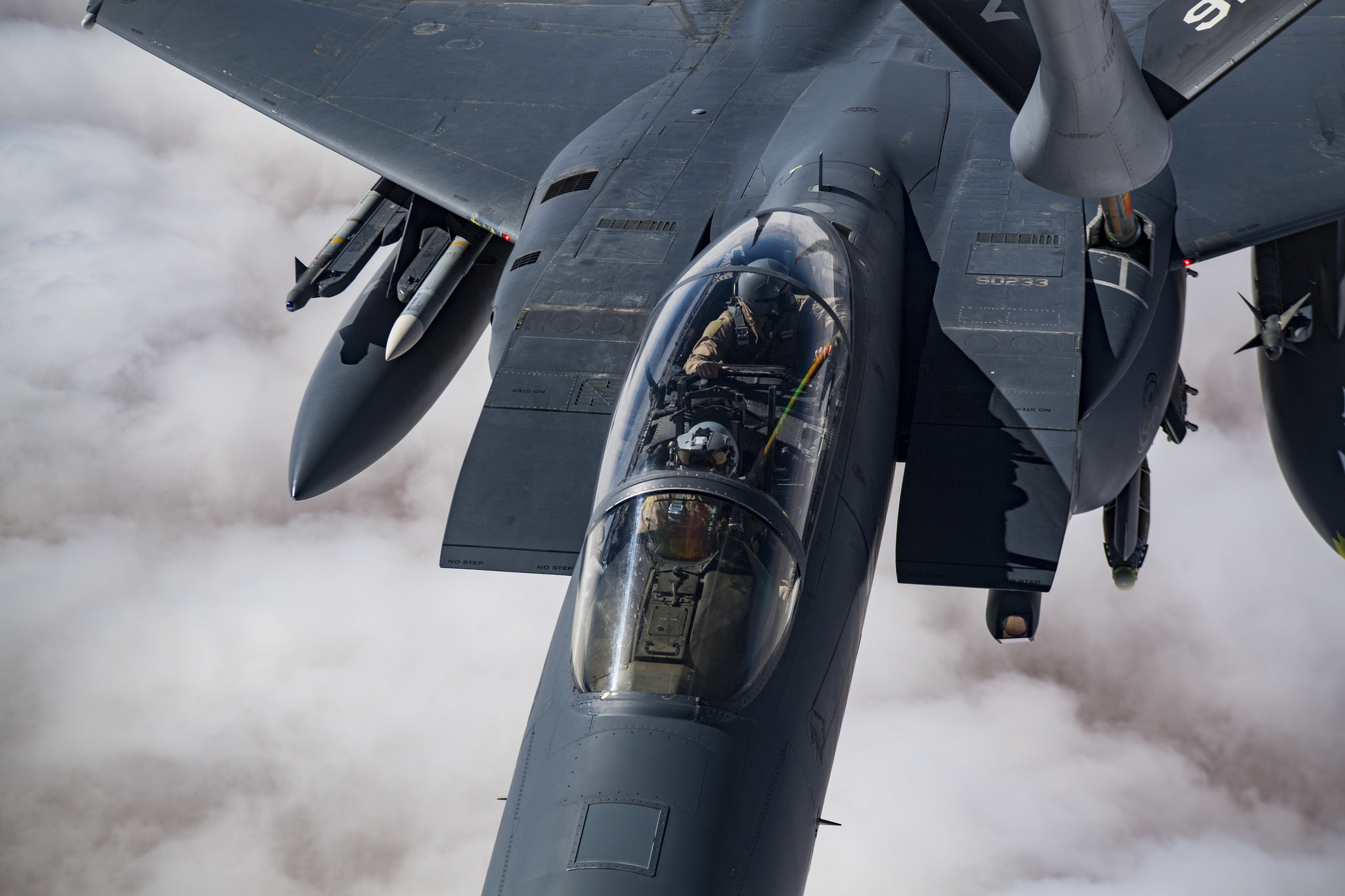 A U.S. Air Force F-15E Strike Eagle receives in-flight fuel from a KC-135 Stratotanker on Oct. 25, 2018, while flying over Iraq in support of Operation Inherent Resolve. (Staff Sgt. Clayton Cupit/Air Force)