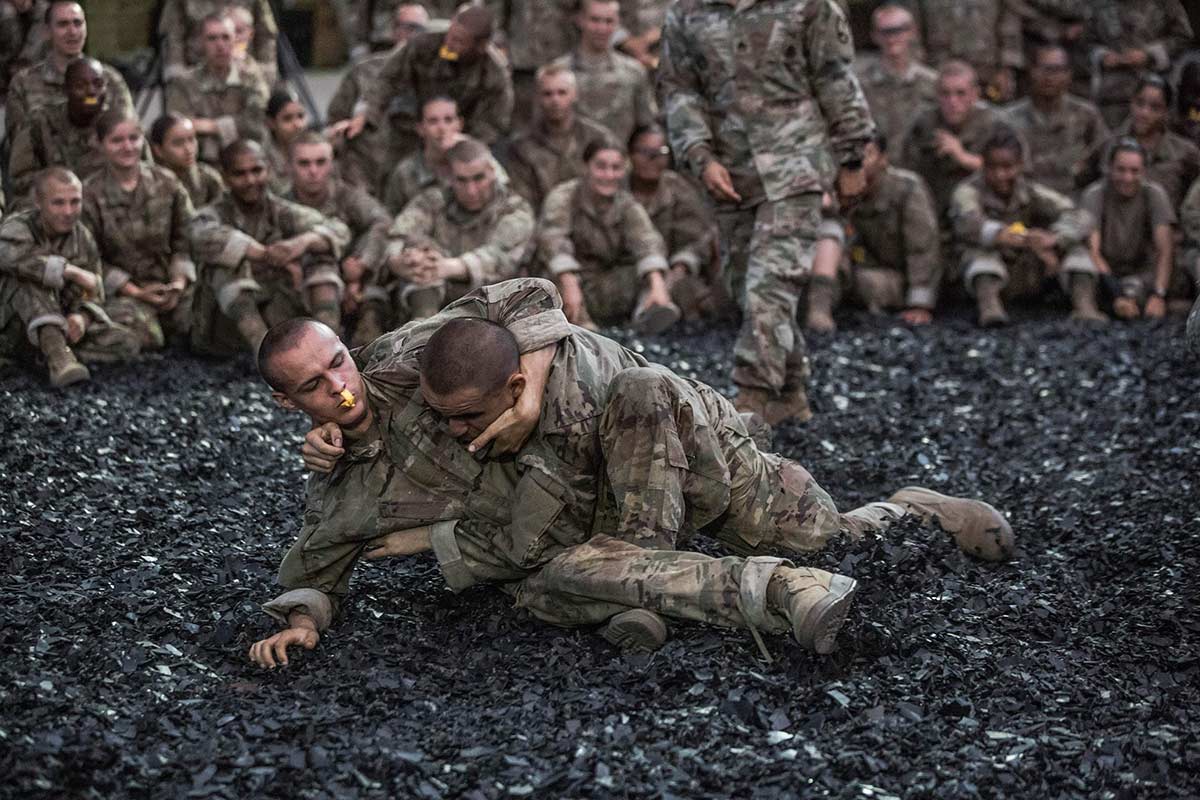 One of the final events prior to the trainees induction ceremony is combatives at Fort Jackson, S.C., on , Aug. 21, 2019. (Army)