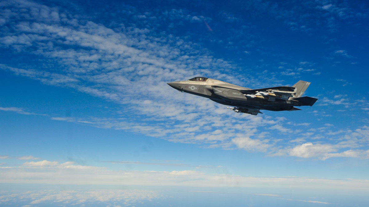 An F-35B Lightning II with the F-35B detachment of Medium Marine Tiltrotor Squadron 262 (Reinforced) carries Guided Bomb Units above the East China Sea, Feb. 3, 2019. (Maj. Jesse Peppers/Marine Corps)