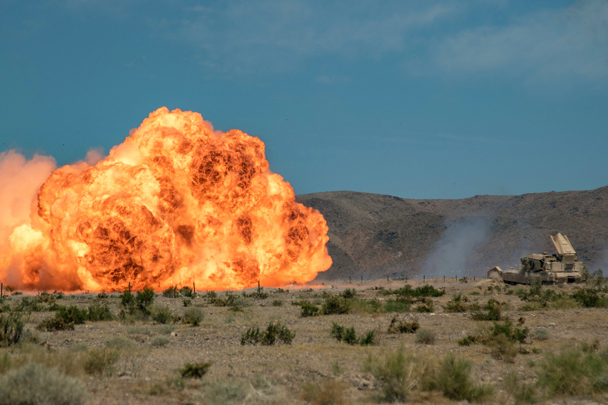 Soldiers detonate an M58 mine clearing line charge during a live-fire training exercise at the National Training Center in Fort Irwin, Calif., June 12, 2019. (Cpl. Alisha Grezlik/Army)