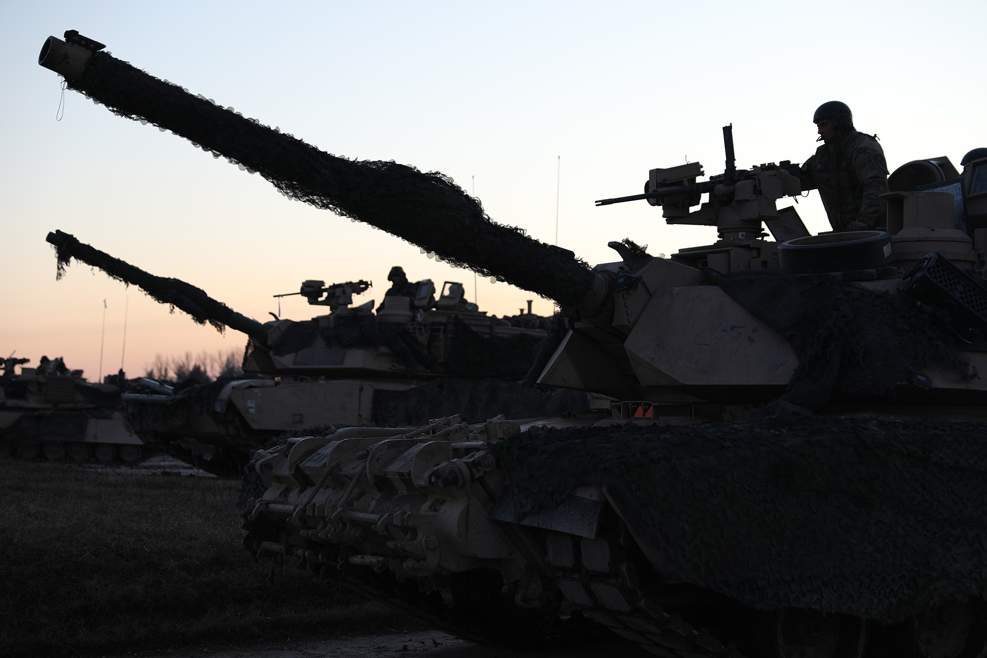 M1A2 Abrams tanks take up strategic positions during a live-fire exercise Jan. 16, 2020, in preparation for Combined Resolve XIII in Grafenwohr, Germany. (Staff Sgt. Gregory Stevens/Army National Guard)