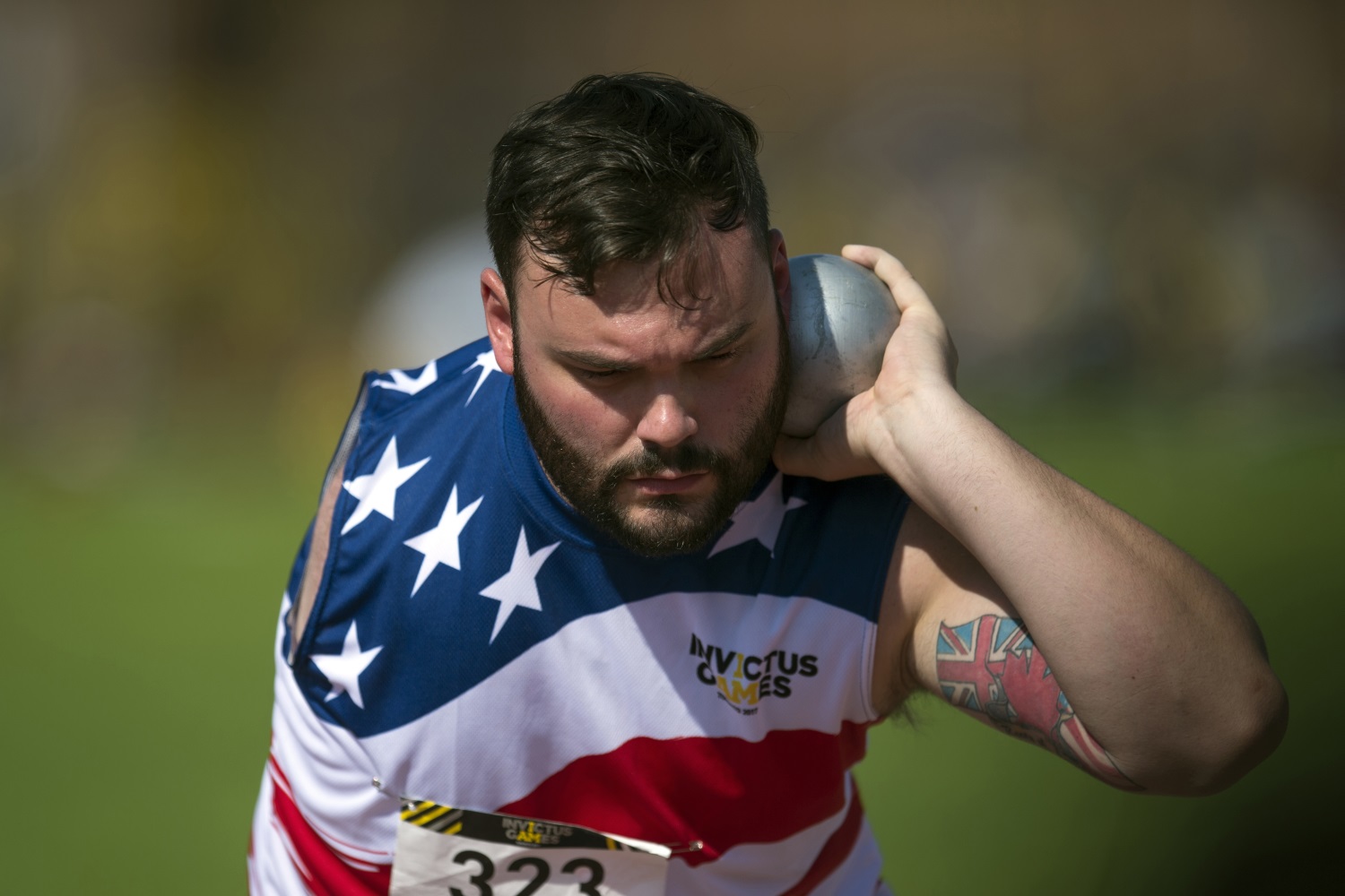 Retired Air Force Senior Airman Lucas Purser throws shot put during the athletics finals of the 2017 Invictus Games in Toronto, Canada, on Sept. 25, 2017. (EJ Hersom/DoD)