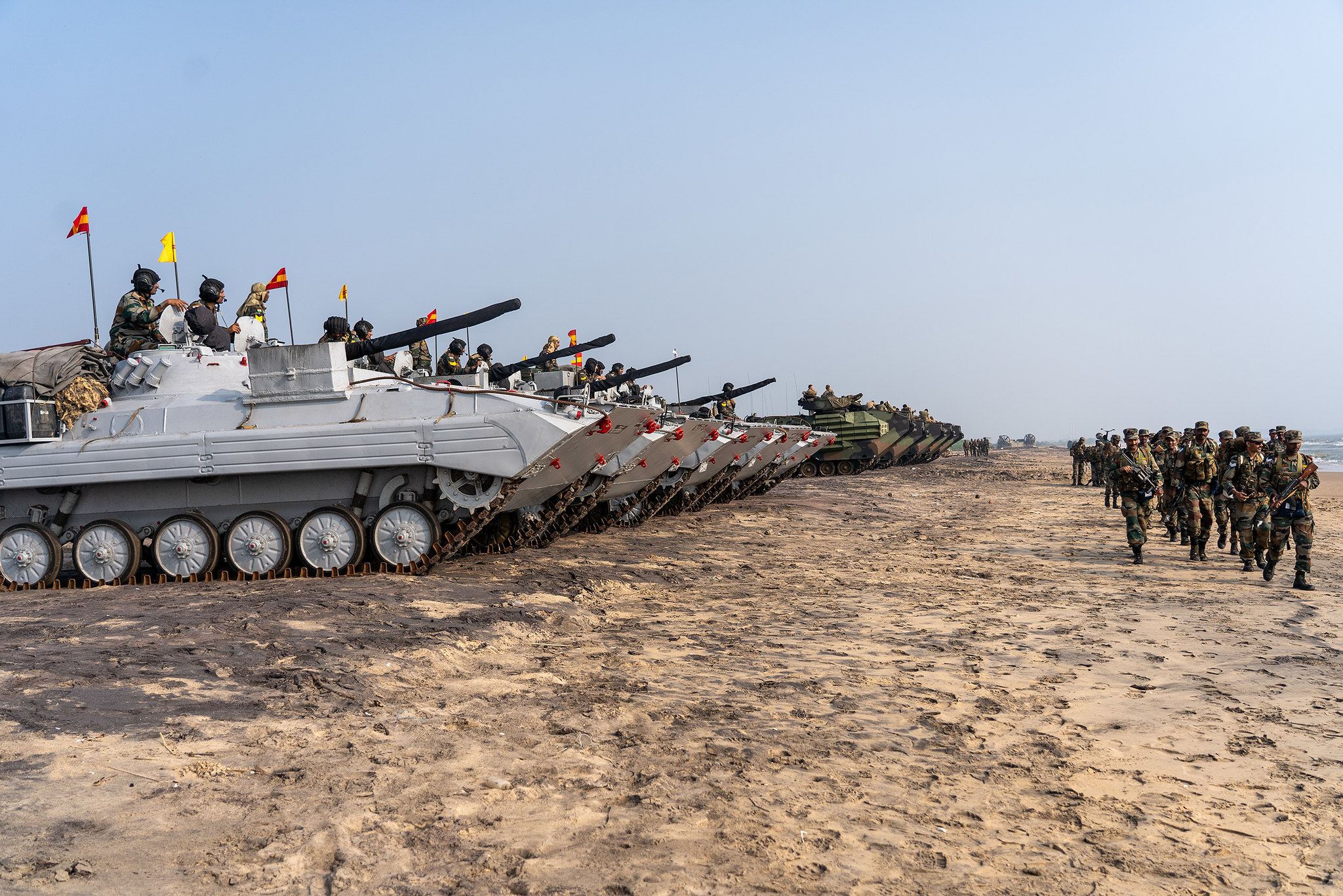 U.S. Marines and Indian soldiers prepare to depart Kakinada, India, at the conclusion of exercise Tiger TRIUMPH, Nov. 21, 2019. (1st Lt. Tori Sharpe/Marine Corps)