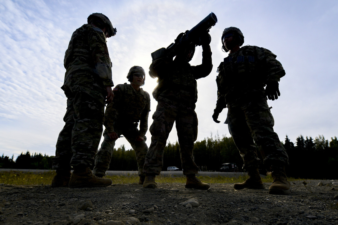 Soldiers from the 1st Battalion, 501st Parachute Infantry Regiment, 4th Infantry Brigade Combat Team (Airborne), 25th Infantry Division, U.S. Army Alaska, conduct training with the M3 Carl Gustaf 84mm recoilless rifle Sept. 6, 2018, at Joint Base Elmendorf-Richardson, Alaska. (Jamal Wilson/Air Force)