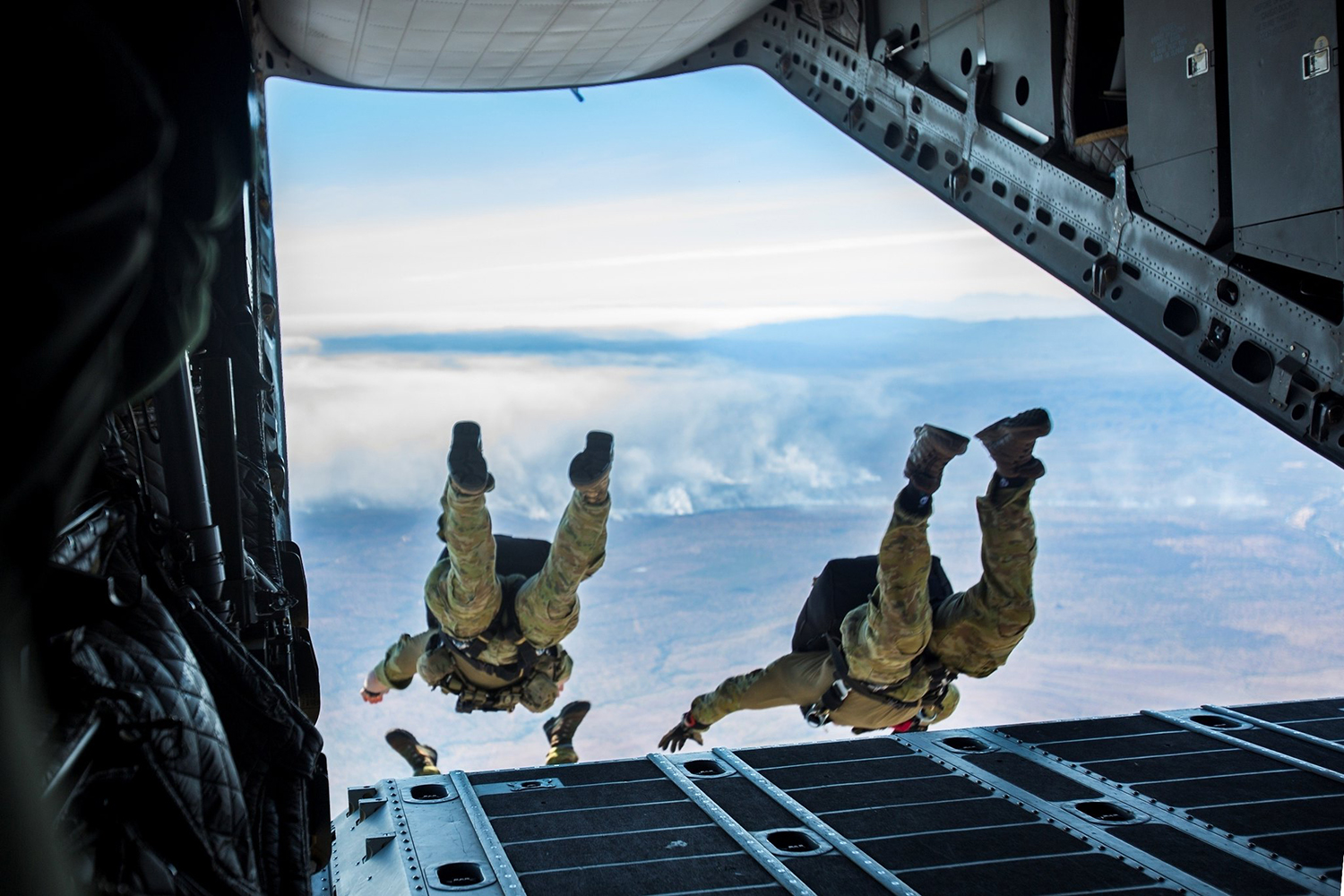 U.S. and Australian special operations forces conduct a high-altitude low-opening parachute jump from a Royal Australian Air Force C-27J Spartan on July 17, 2019, during Talisman Sabre in Queensland, Australia. (Lance Cpl. Nicole Rogge/Marine Corps)