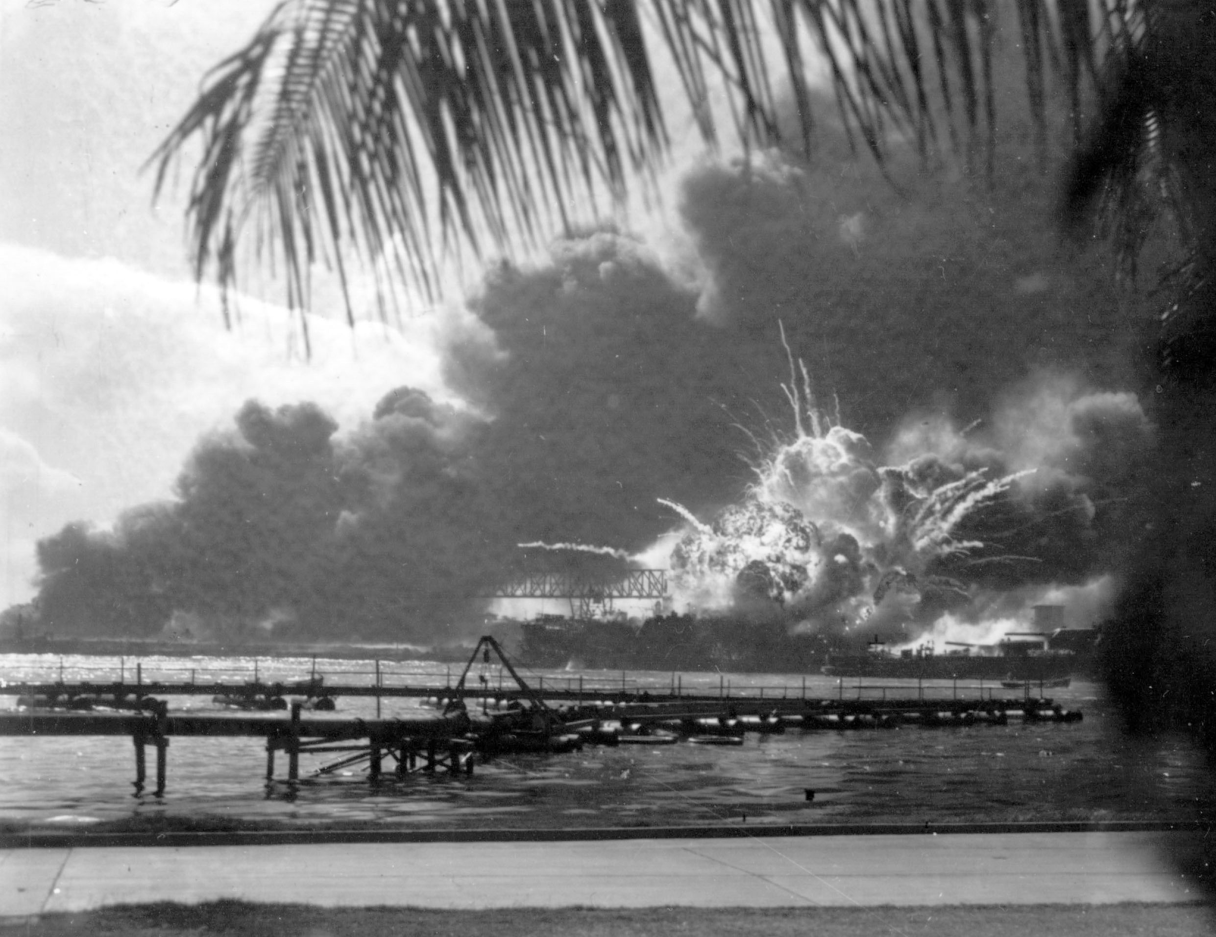 The destroyer USS Shaw explodes after being hit by bombs during the Japanese surprise attack on Pearl Harbor, Hawaii, on December 7, 1941. (AP Photo)