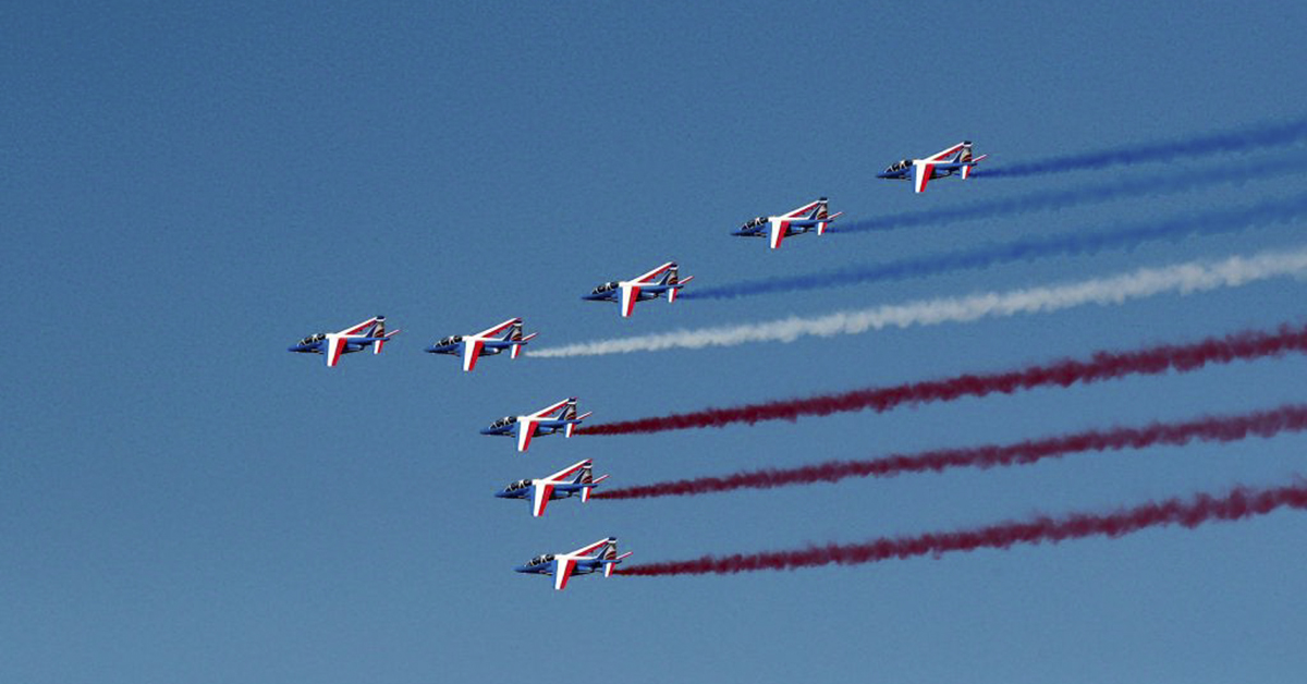Jets from the French Patrouille de France fly during the inauguration of the 53rd Paris Air Show on June 17, 2019. (Benoit Tessier/AFP via Getty Images)