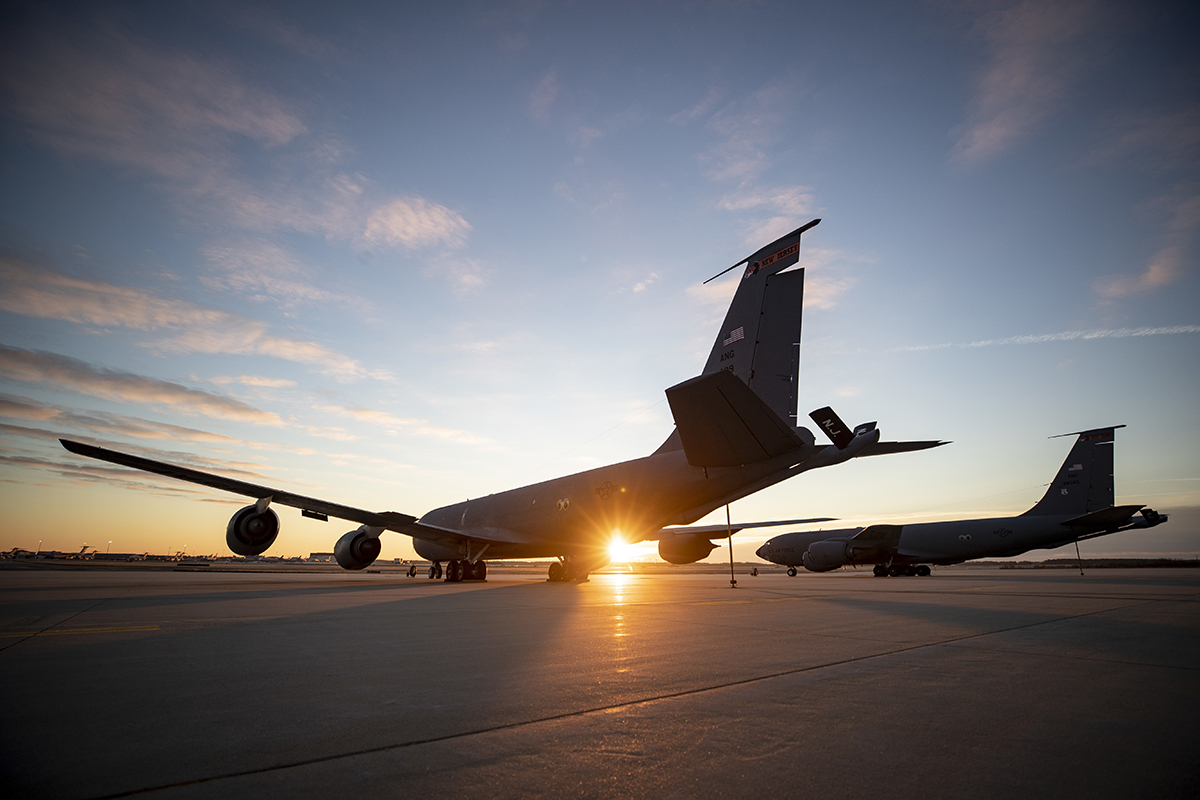 KC-135R Stratotanker refueling aircraft from the New Jersey Air National Guard’s 108th Wing sit on the flight line during sunrise on Joint Base McGuire-Dix-Lakehurst, N.J., Dec. 8, 2018. (Master Sgt. Matt Hecht/Air National Guard)