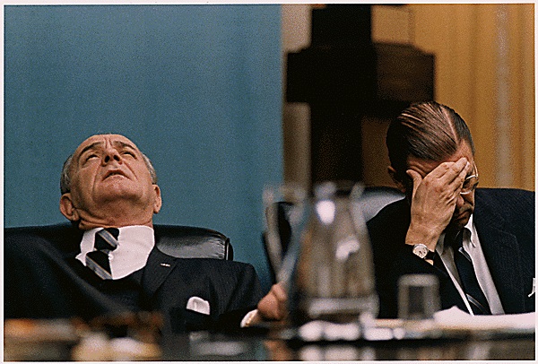 The Johnson administration began to question its strategy in Vietnam after a series of surprisingly fierce and well-coordinated attacks by Communist troops during the Tet Offensive, which launched in late January 1968. Here, Johnson and Defense Secretary Robert McNamara react during a Feb. 7, 1968, cabinet meeting. (National Archives/LBJ Library)
