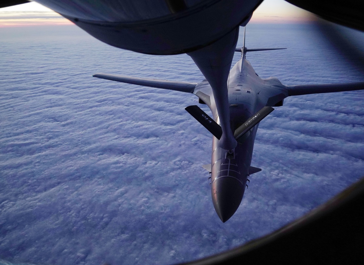 A B-1B Lancer and a KC-135 Stratotanker conduct aerial refueling over the continental United States on Dec. 10, 2018. (Staff Sgt. Joshua Williams/Air Force)