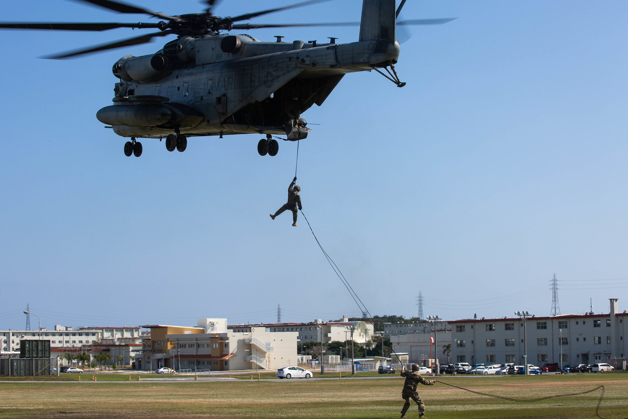 U.S. Marines rappel off a CH-53E Super Stallion helicopter on Camp Hansen, Okinawa, Japan, Jan. 14, 2020. (Lance Cpl. Jackson Dukes/Marine Corps)
