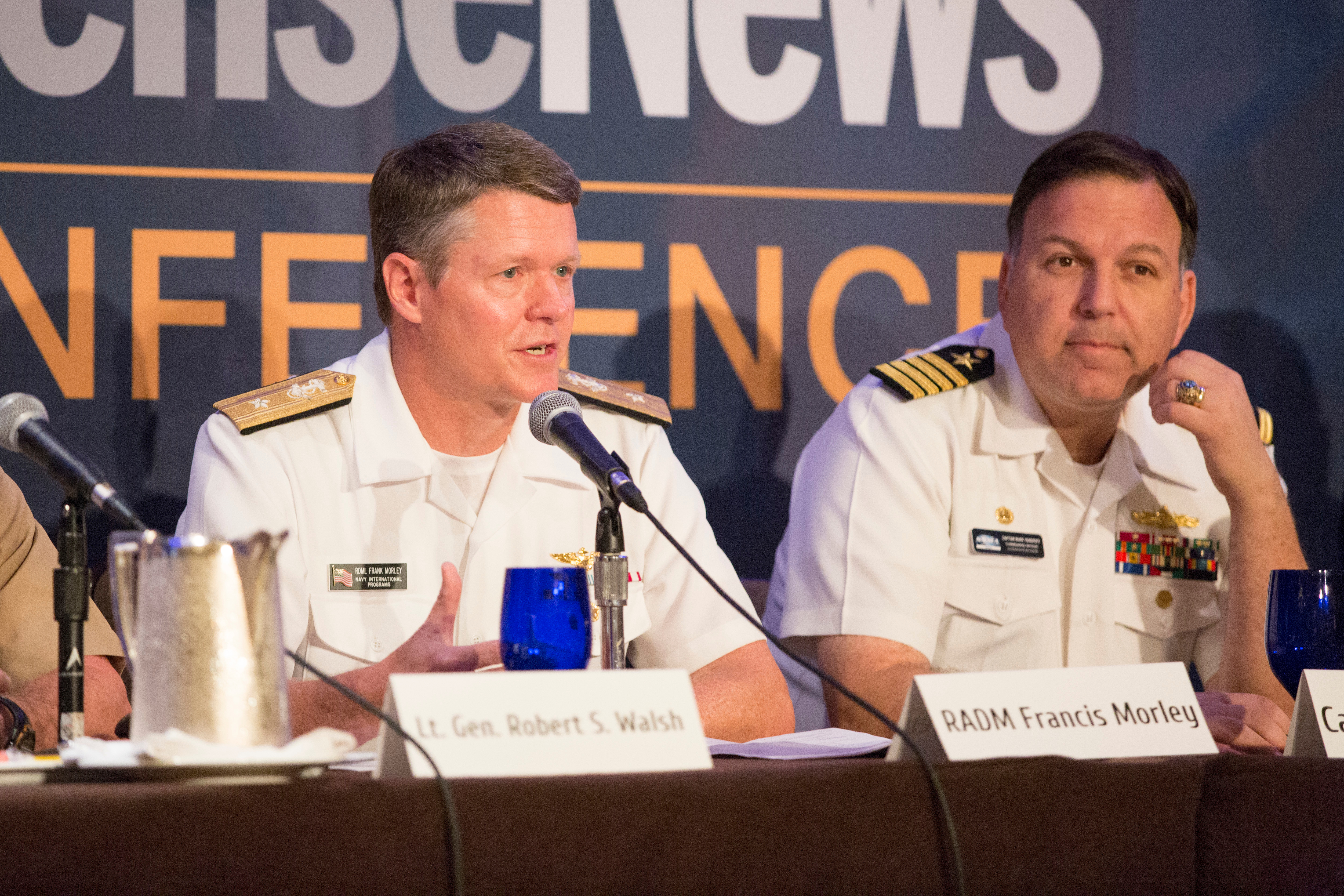 Rear Adm. Francis Morley, left, deputy assistant secretary of the Navy's international programs, speaks during a panel on the naval global capabilities race during the Defense News Conference on Sept. 6, 2017. (Amber Corrin/Staff)