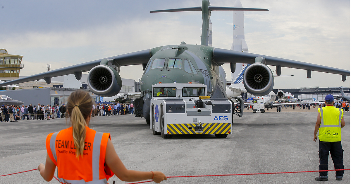 An Embraer KC-390 transport plane of the Brazilian Army rolls on the tarmac at the Paris Air Show on June 18, 2019. (Michel Euler/AP)
