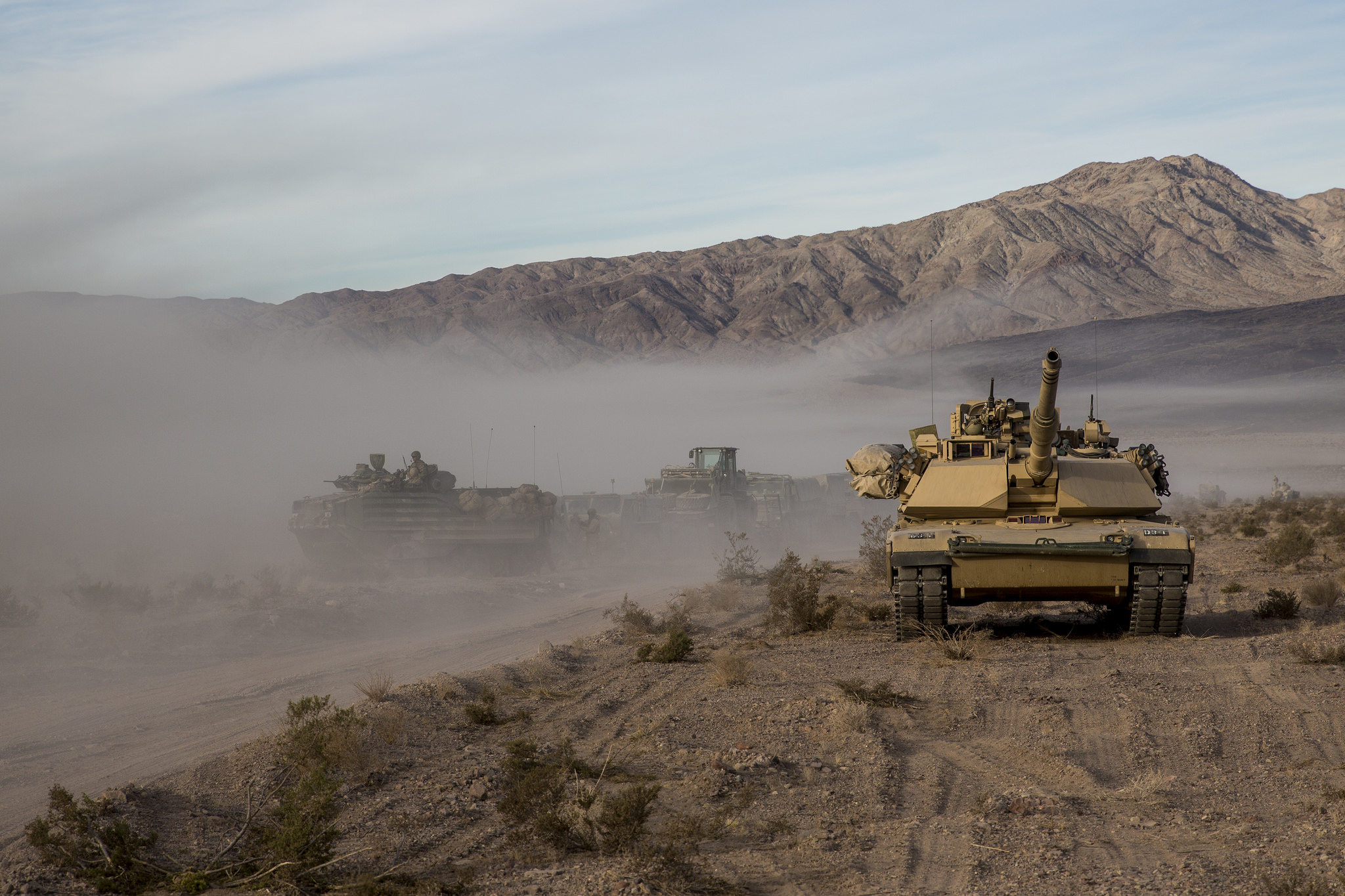 Marines with 3rd Battalion, 4th Marine Regiment, 1st Marine Division utilize an M1A1 Abrams tank during exercise Steel Knight (SK) 18 at Marine Corps Air Ground Combat Center Twentynine Palms, Calif. (Marine Corps)