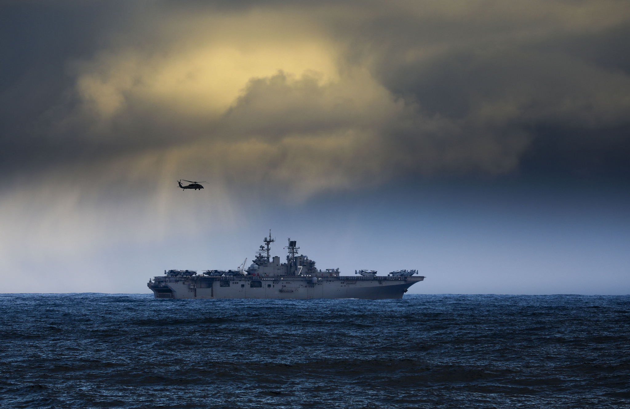 The U.S. Navy amphibious assault ship USS Iwo Jima, part of a NATO task force, sails near Iceland on Oct. 23, 2018, carrying elements of 45 Commando Royal Marines and U.S. Marines traveling to NATO exercise Trident Juncture 2018. (NATO)