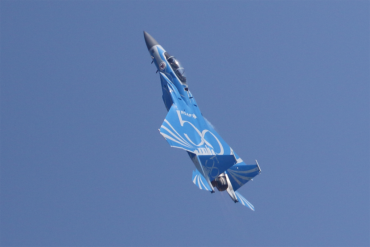 The Republic of Singapore Air Force unveiled a special 50th anniversary livery on two of its Boeing F-15SGs during the Singapore Airshow. (Mike Yeo/Staff)