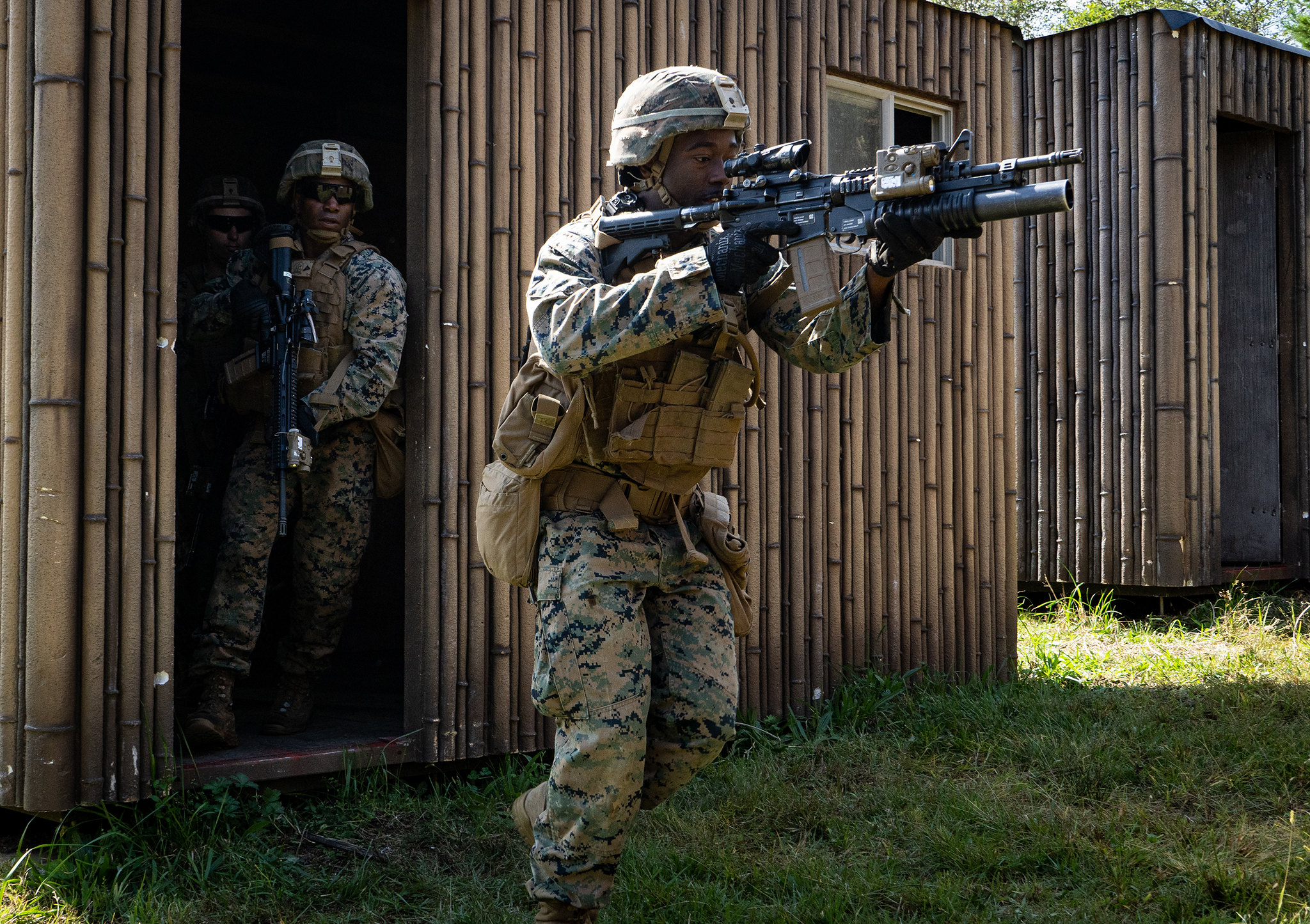 Marine Corps Cpl. Fred Nyema leads his team to the next building during military operations in urban terrain training as part of exercise Fuji Viper 20.1 on Camp Fuji, Japan, Oct. 7, 2019. (Cpl. Timothy Hernandez/Marine Corps)