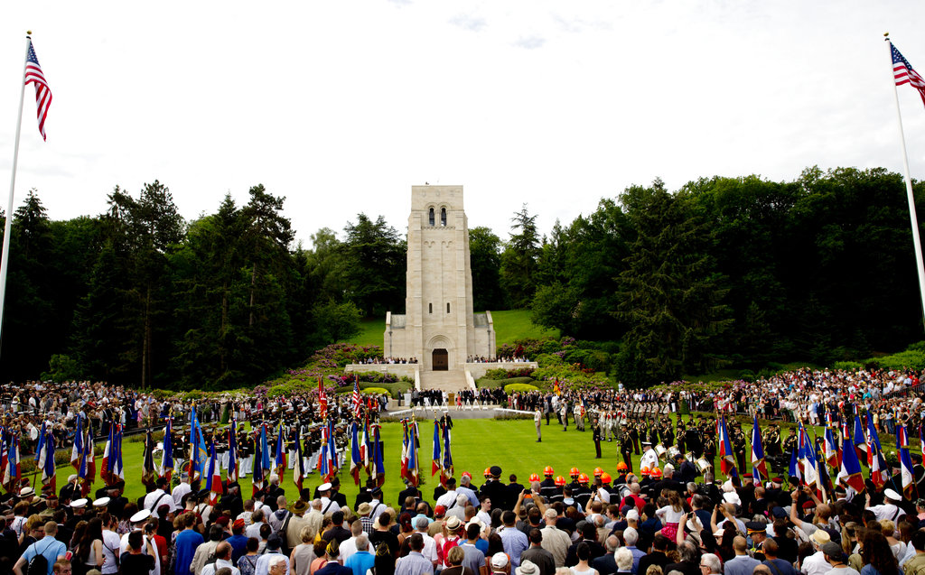 People attend a Memorial Day commemoration at the Aisne-Marne American Cemetery in Belleau, France, Sunday, May 27, 2018. (Virginia Mayo/AP)