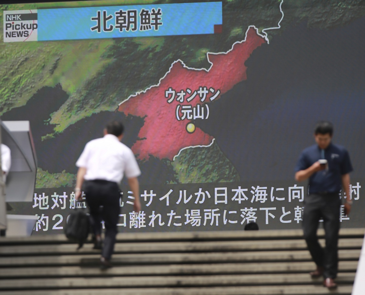 A screen shows a news program in Tokyo about North Korea's missile firing. A defensive rather than offensive capability, four Kumsong-3 missiles were tested June 8 in the Sea of Japan. Each missile flew about 200 kilometers. The missile is a North Korean variant of the Russian Kh-35 anti-ship cruise missile. (Eugene Hoshiko/AP)
