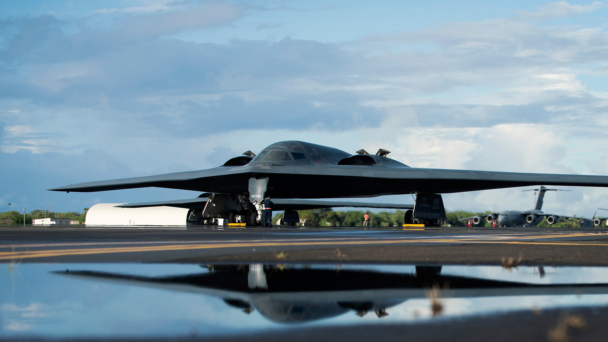 A U.S. Air Force B-2 Spirit, deployed from Whiteman Air Force Base, Mo., to Joint Base Pearl Harbor-Hickam, Hawaii, in support of the U.S. Strategic Command's Bomber Task Force deployment, is parked on the flightline on Sept. 26, 2018. (Staff Sgt. Danielle Quilla/Air Force)