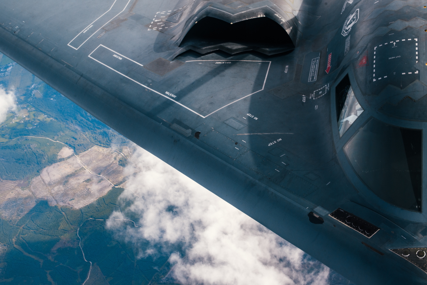 A 509th Bomb Wing B-2 Spirit refuels from a 351st Aerial Refueling Squadron KC-135 Stratotanker during the Bomber Task Force training exercise over the United Kingdom, Aug. 29, 2019. (Staff Sgt. Jordan Castelan/Air Force)