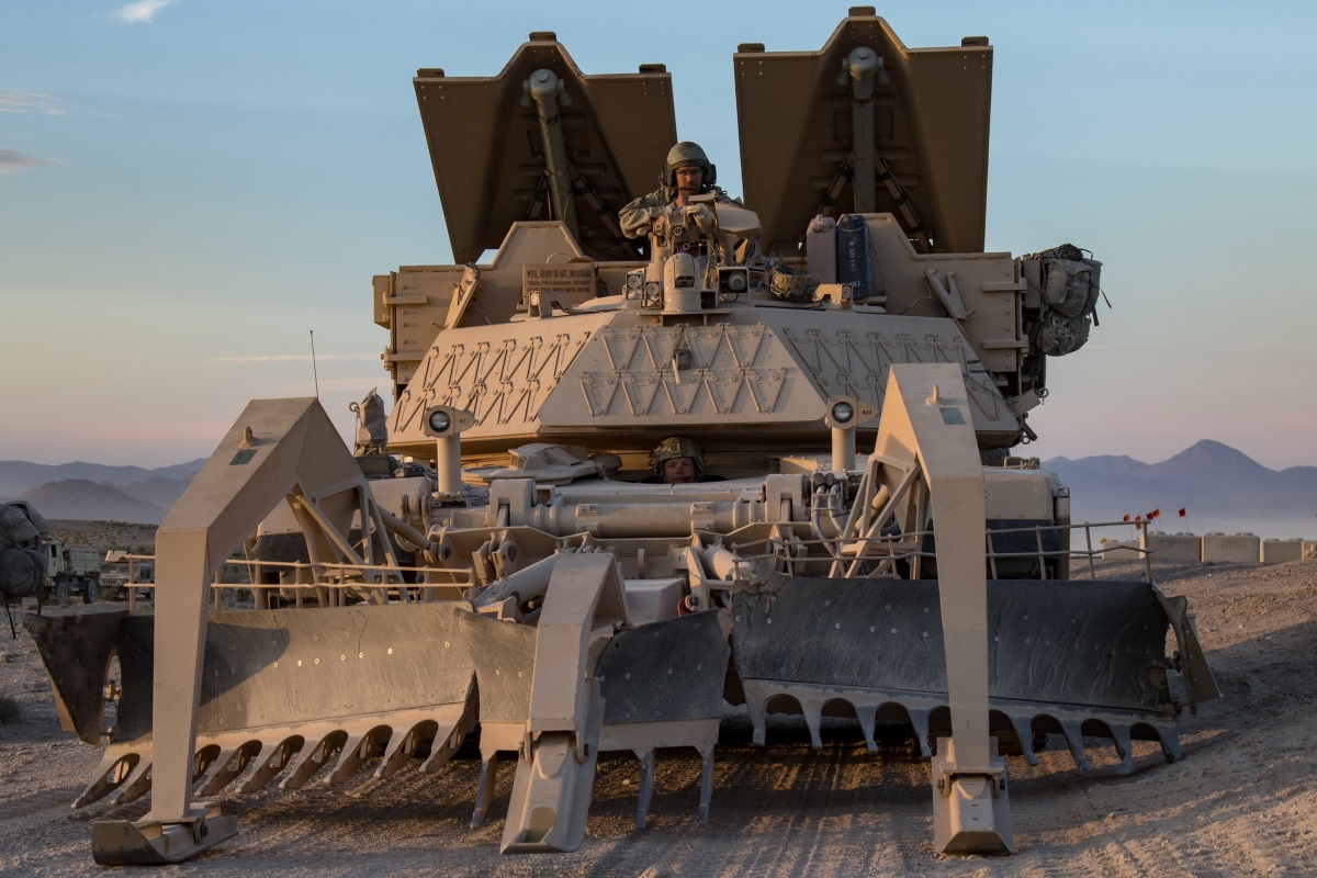 Soldiers position their M1150 Assault Breacher Vehicle during a live-fire training exercise at the National Training Center in Fort Irwin, Calif., June 12, 2019. (Cpl. Alisha Grezlik/Army)