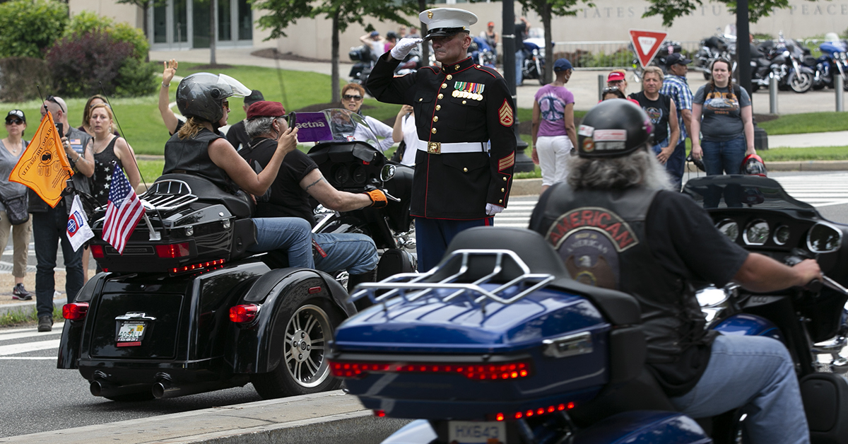 Salute to the riders during Rolling Thunder XXXI First Amendment Demonstration Run after they passed the Lincoln Memorial in Washington, DC on Sunday May 27, 2018. Motorcycle riders from across the nation, rode a designated route through the Mall area of Washington, D.C. The event is an actual demonstration/protest to bring awareness and accountability for POWs and MIAs left behind.(Alan Lessig/Staff)