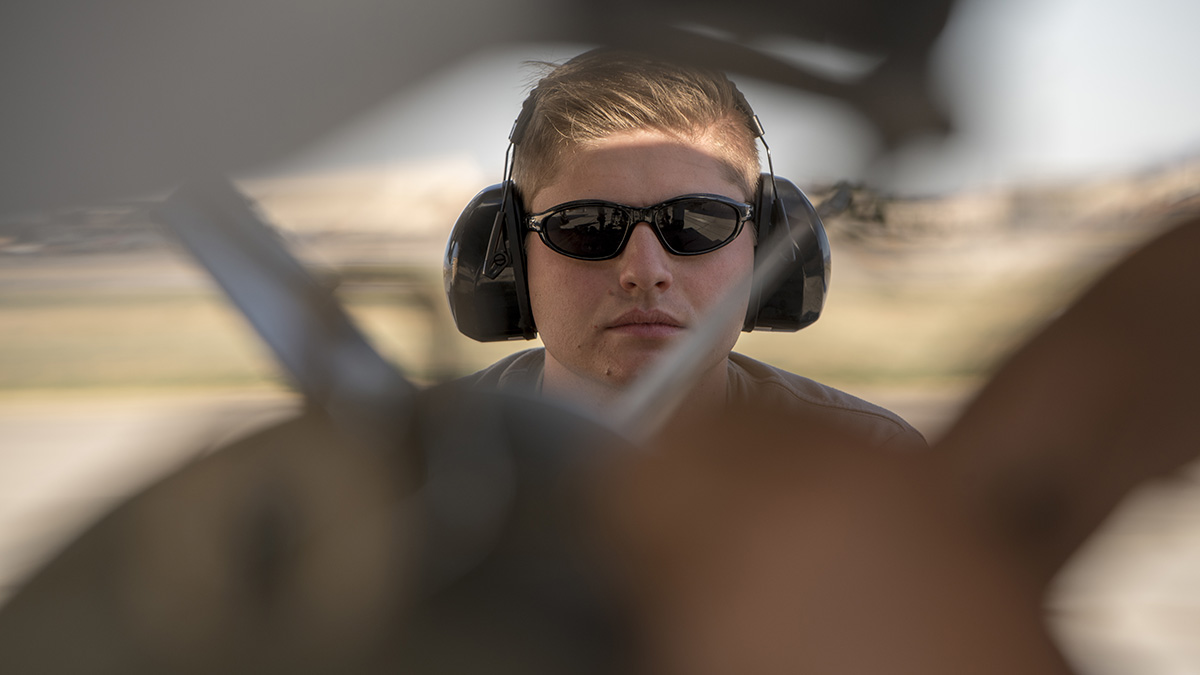Airman 1st Class Zach Oborn drives an MJ-1B Jammer during Green Flag-West 19-8 at Nellis Air Force Base, Nev., on June 8, 2019. (Master Sgt. Joshua C. Allmaras/Air National Guard)