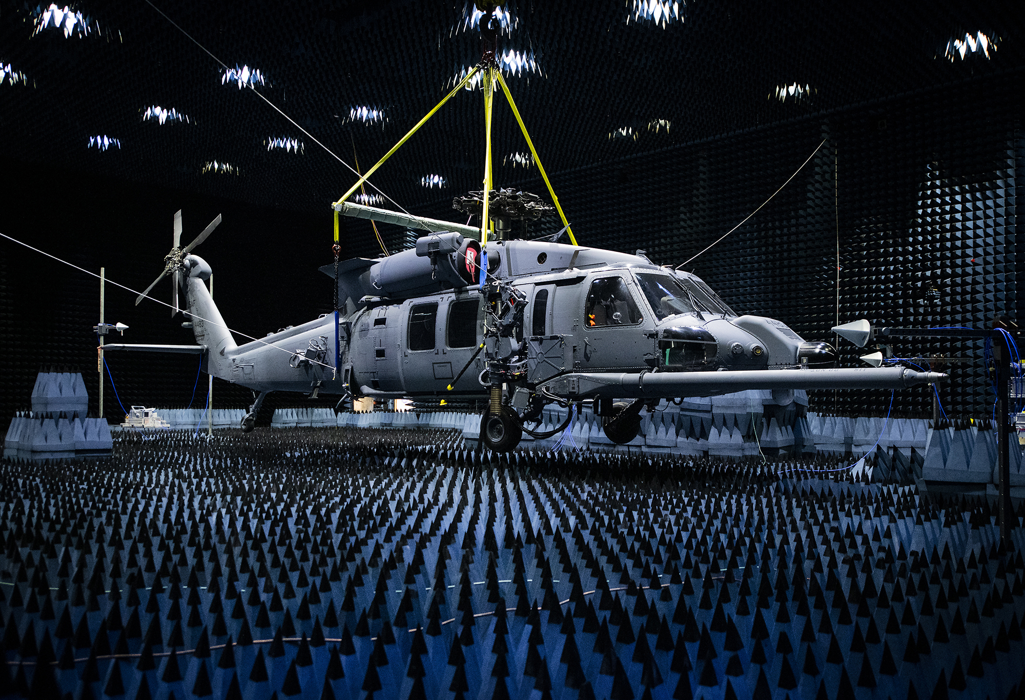 A 413th Flight Test Squadron HH-60W hangs in the anechoic chamber at the Joint Preflight Integration of Munitions and Electronic Systems hangar Jan. 6, 2020, at Eglin Air Force Base, Fla. (Samuel King Jr./Air Force)