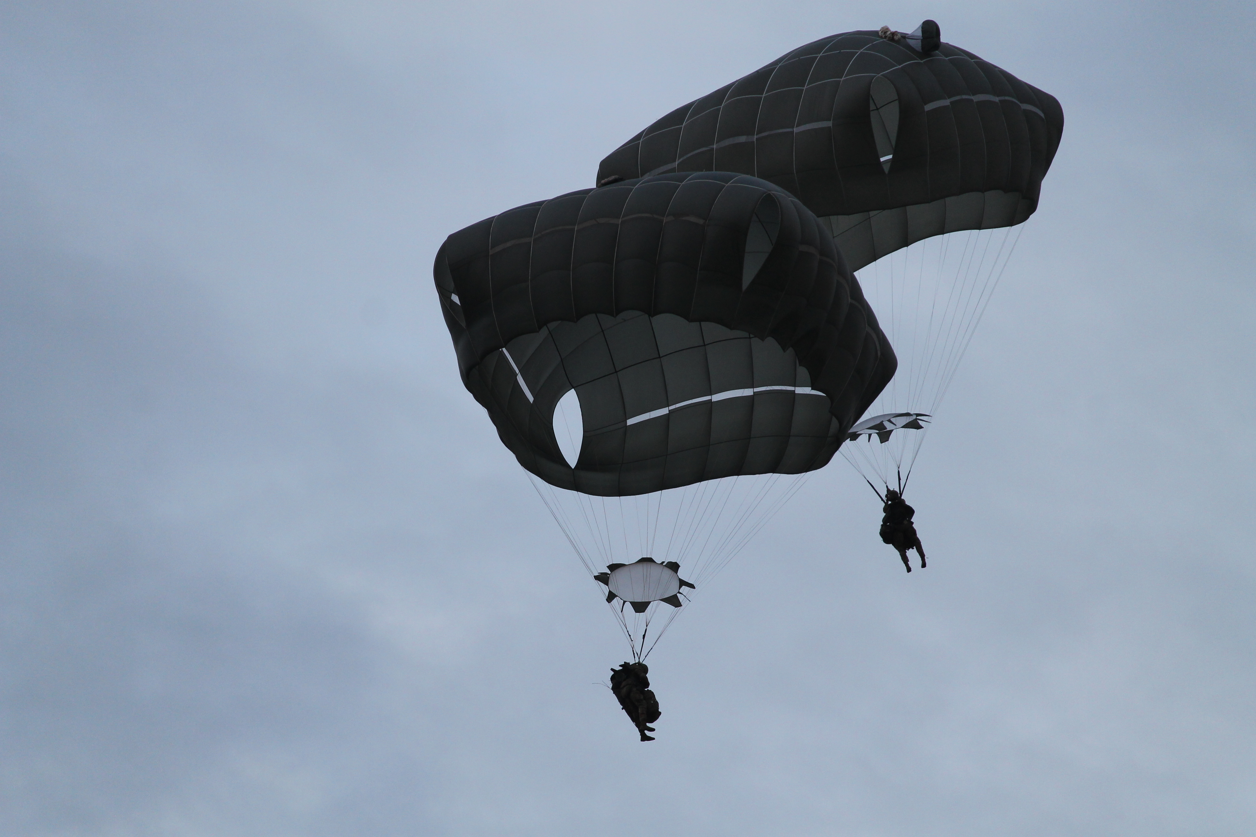 A pair of paratroopers drifts toward the ground after jumping from a C-130. (Jen Judson/Staff)