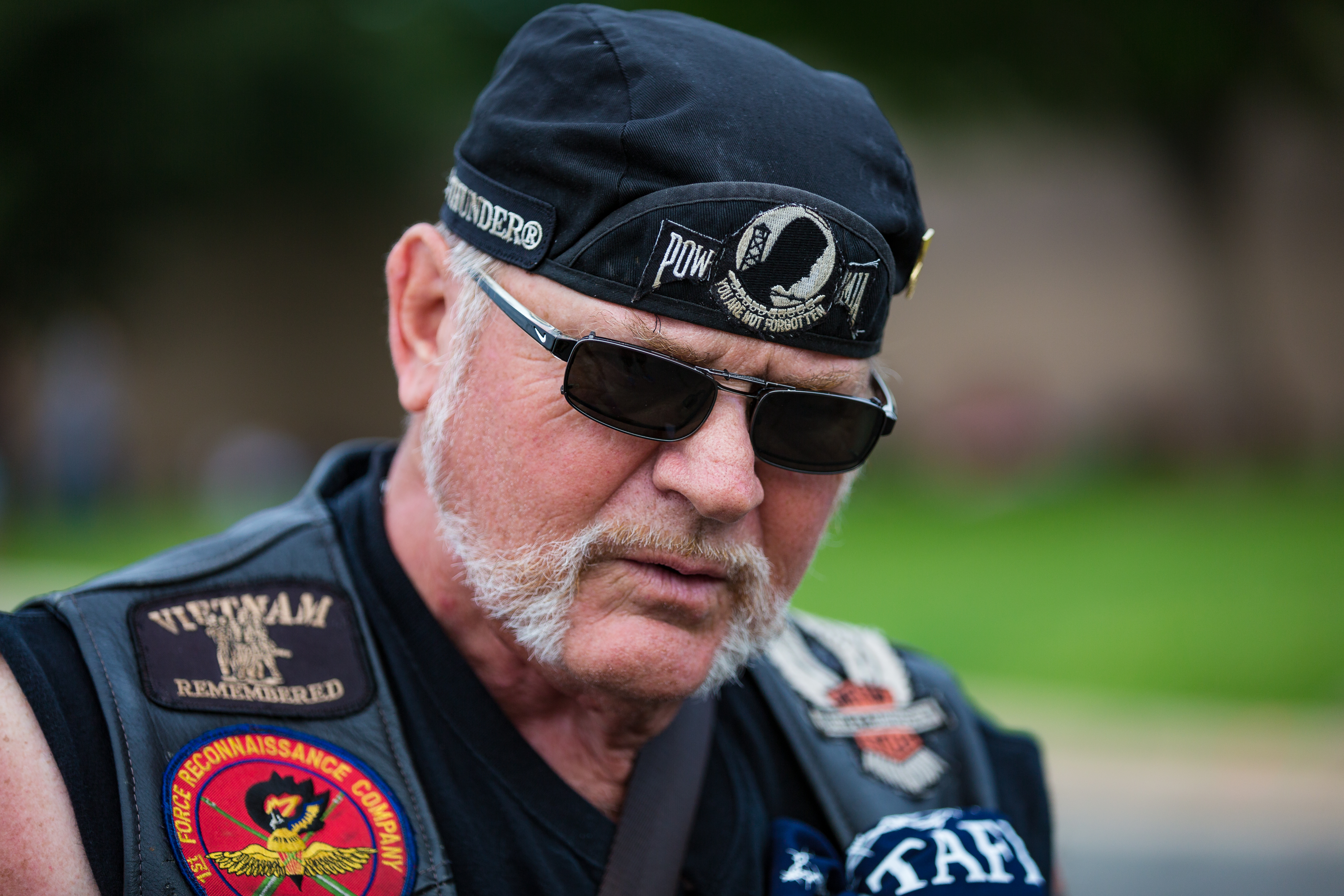 Retired Master Gunnery Sgt. Johnny Herrmann welcomes fellow riders to Rolling Thunder.