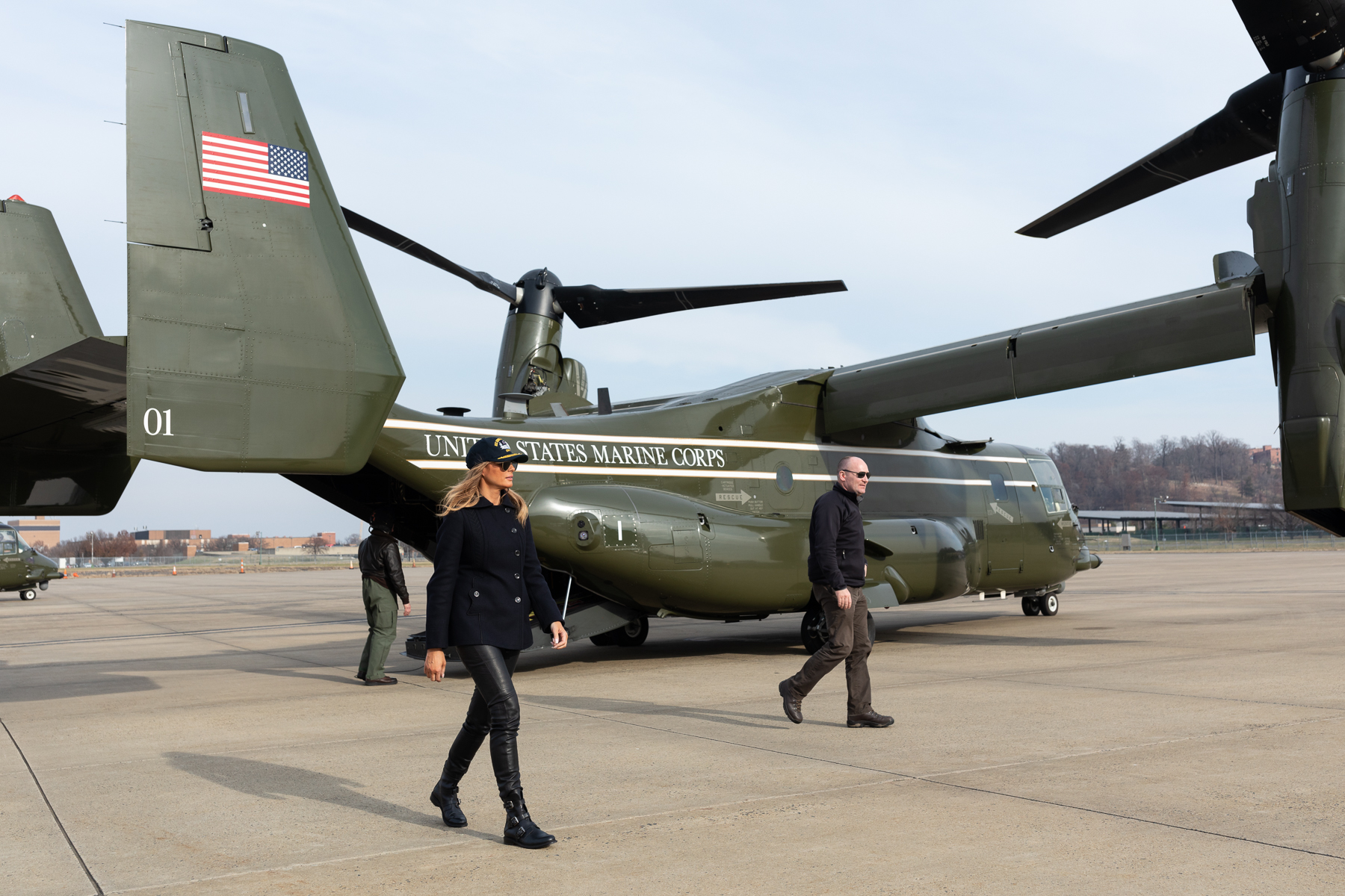 First lady Melania Trump departs a Marine Corps V-22 Osprey support aircraft at Joint Base Andrews, Md., on Dec. 12, 2018, following a holiday visit aboard USS George H.W. Bush. (Andrea Hanks/White House)